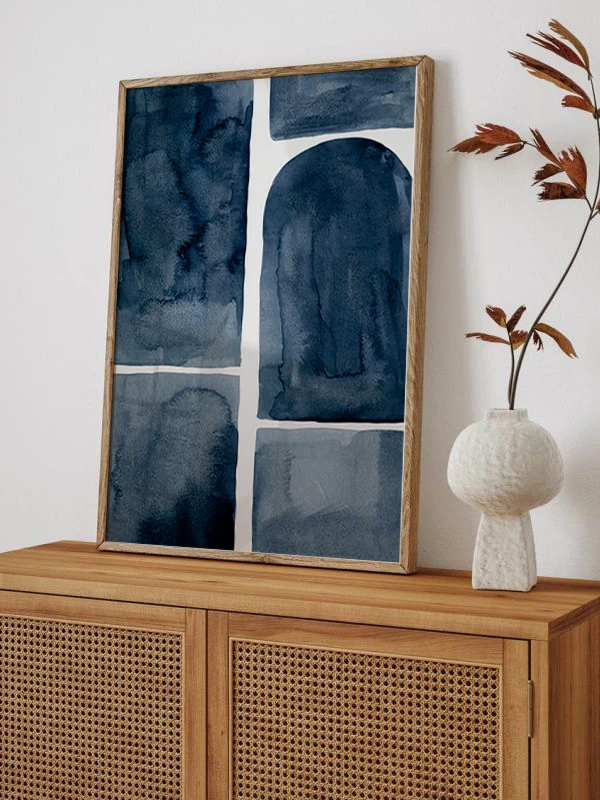 Lacivert Tonlarda Fırça Darbeleri Temalı Çerçeveli Tablo