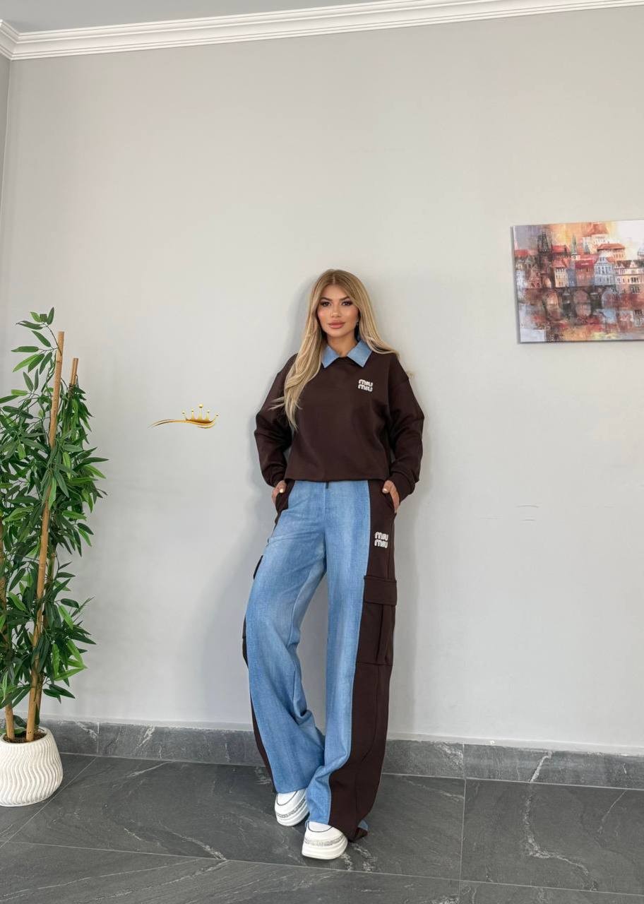 Double face kumaş kot detay kargo cep pantolon 2'li takım 