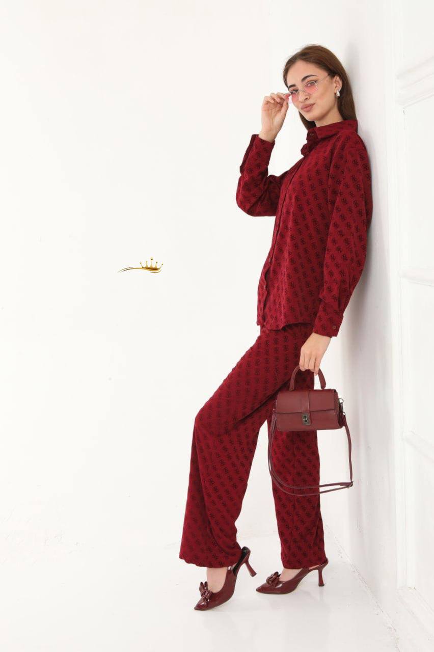 Flok baskı kumaş bluz taş işlemeli takım 3 lü takım