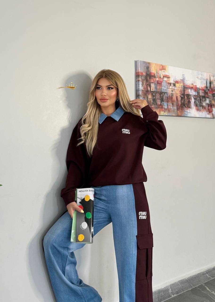 Double face kumaş kot detay kargo cep pantolon 2'li takım 