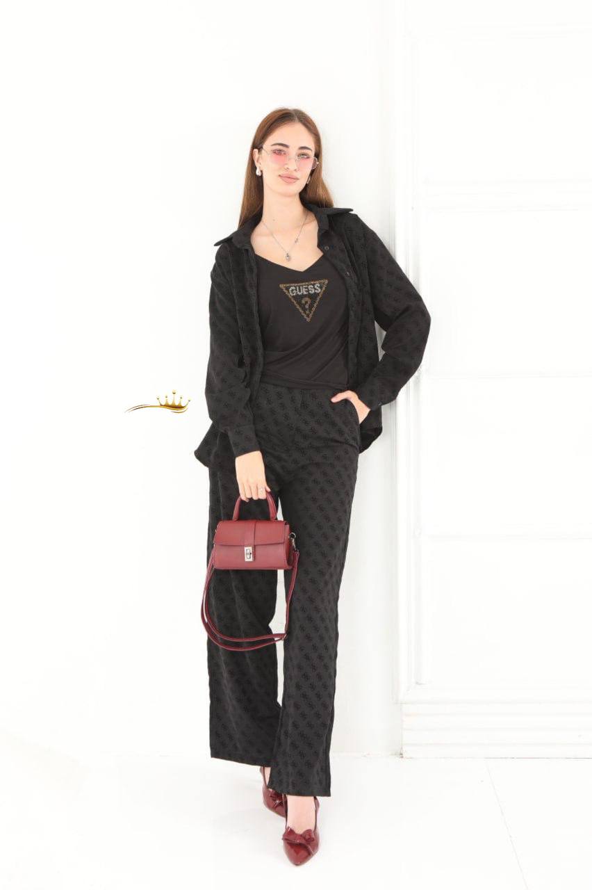 Flok baskı kumaş bluz taş işlemeli takım 3 lü takım