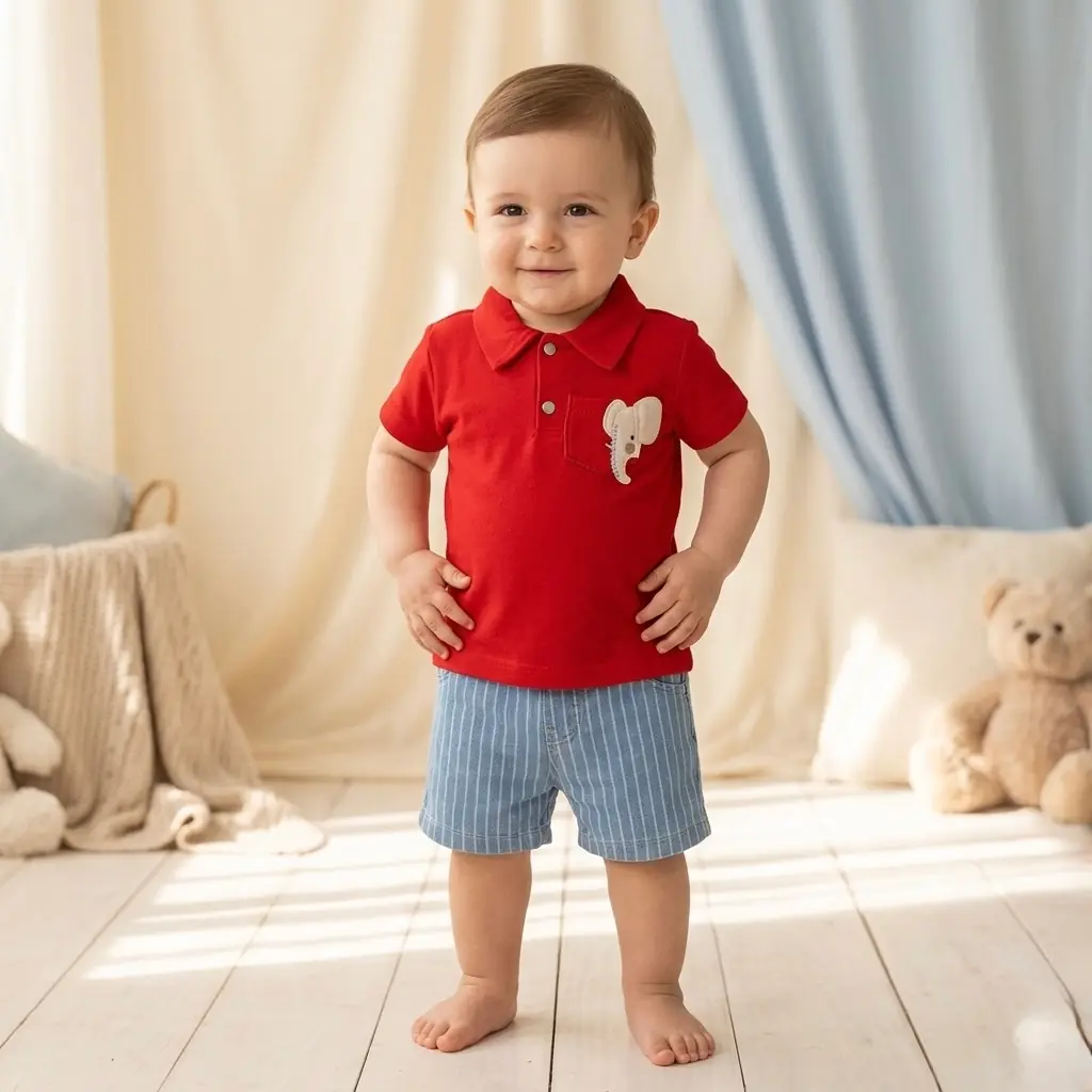 Fil Nakışlı Polo Yaka Lacoste Bebek Şortlu Takım - Kırmızı