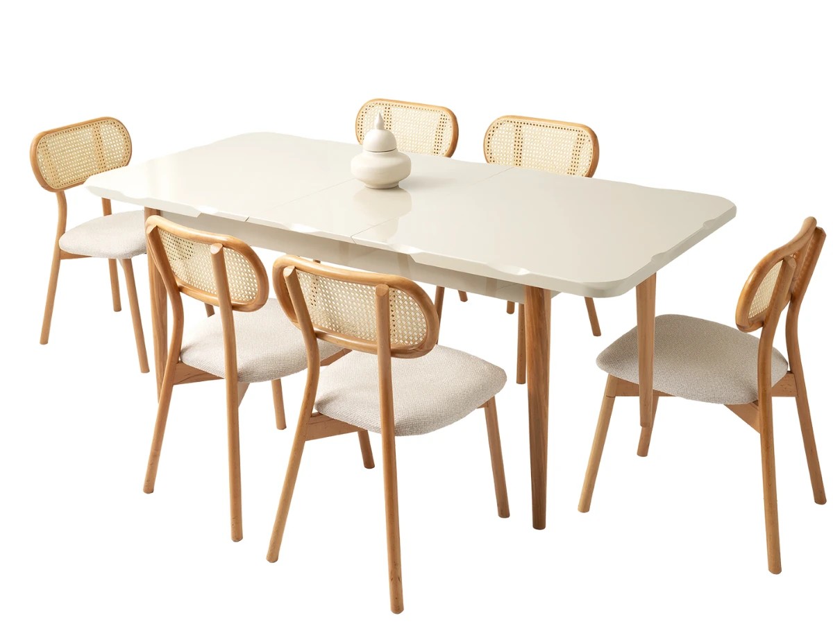 Modern Yemek Masa Takımı Paris Kelebek – Açılır Masa + 4 Adet Ahşap Rattan Sandalye 