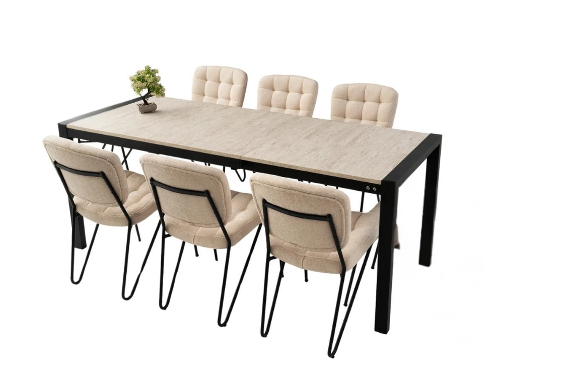 Mermer Desenli Açılabilen Yemek Masa Sandalye Takımı Tuğra - Masa + 6 Adet Sandalye