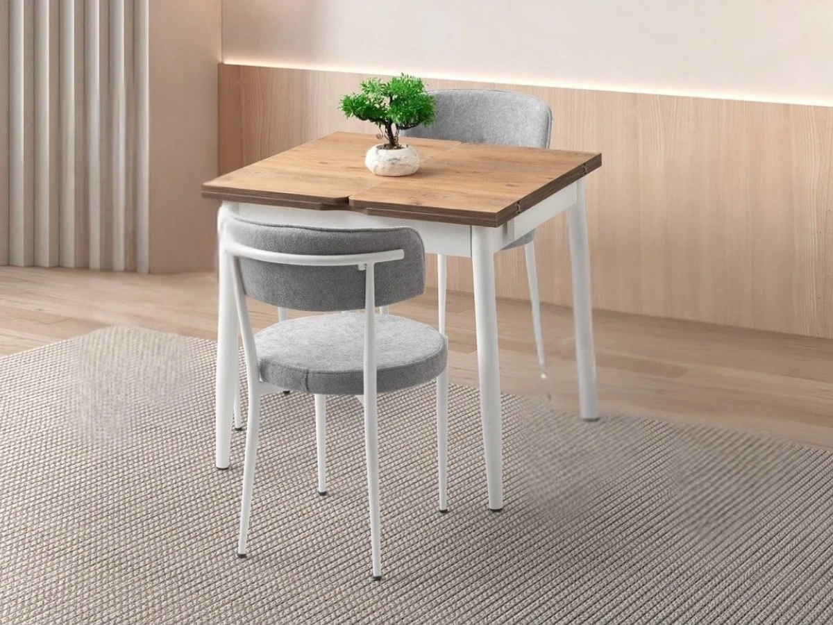 Yanlardan Açılır Katlanır Kare Ahşap Desenli Masa Sandalye Takımı