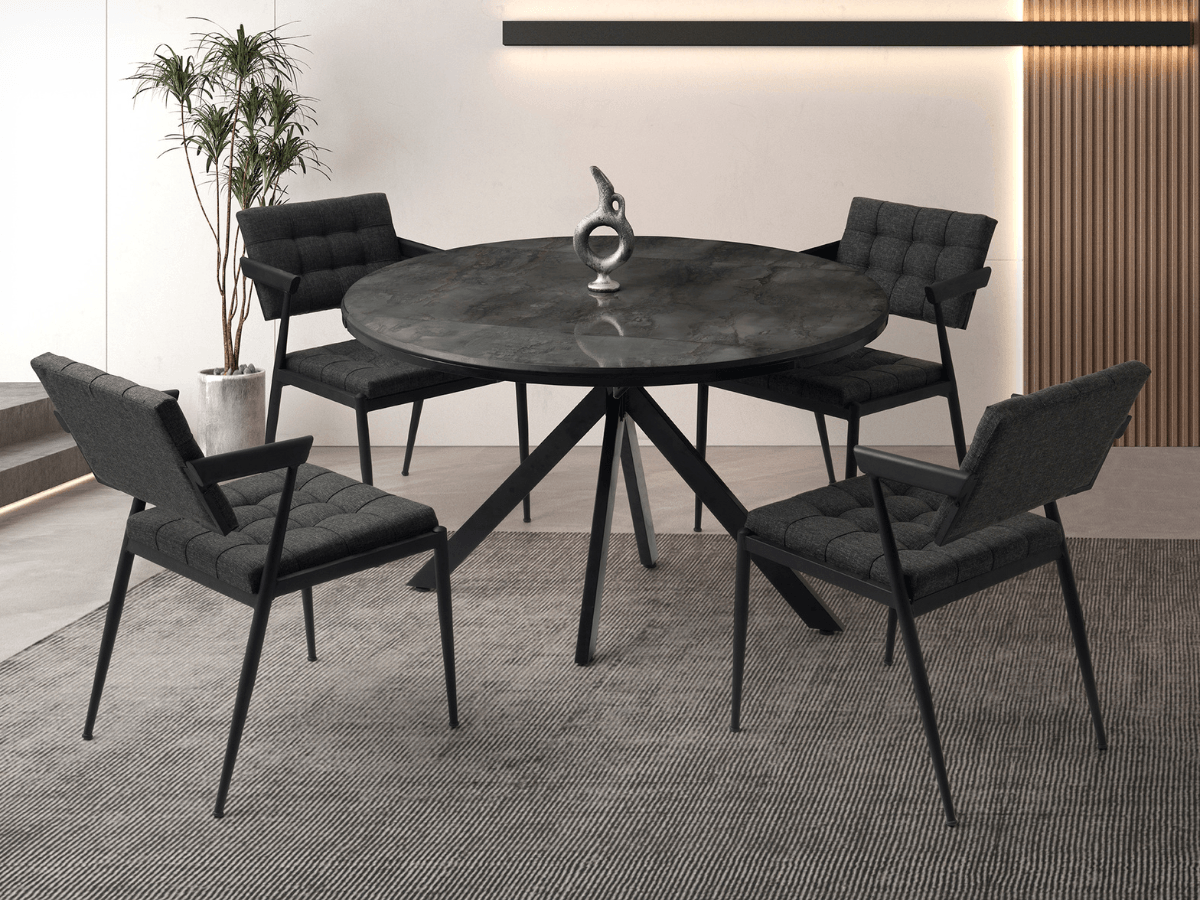 Açılabilir Yuvarlak Yemek Masa Sandalye Takımı Pegasus High Gloss Siyah Mermer