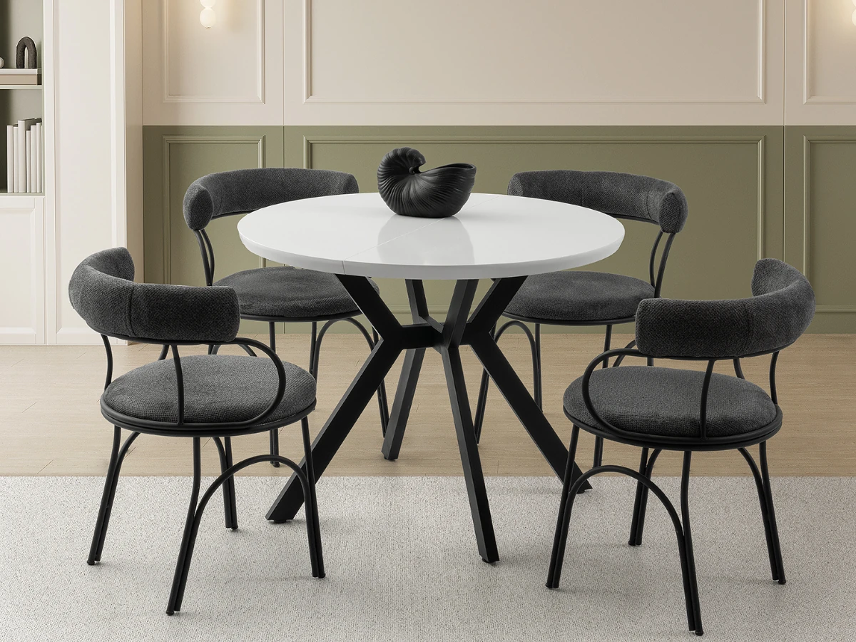 Açılabilir Yuvarlak Yemek Masası Takımı Hilton Beyaz