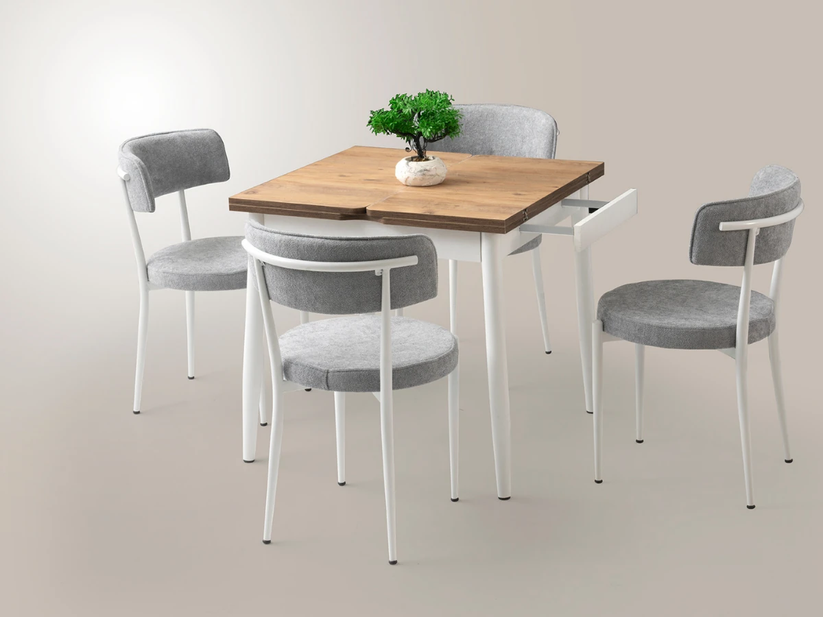 Yanlardan Açılır Katlanır Kare Ahşap Desenli Masa Sandalye Takımı