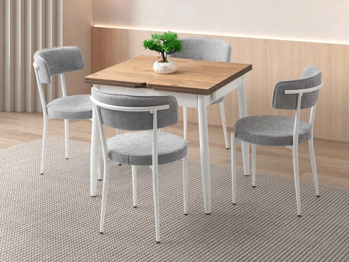 Yanlardan Açılır Katlanır Kare Ahşap Desenli Masa Sandalye Takımı