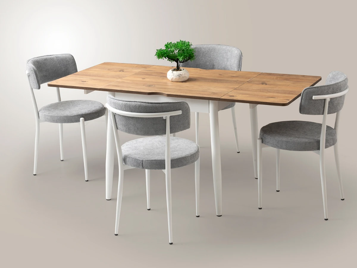 Yanlardan Açılır Katlanır Kare Ahşap Desenli Masa Sandalye Takımı