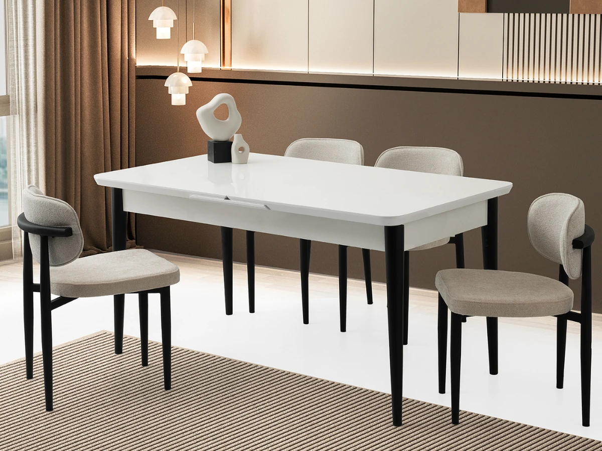 Açılır Beyaz Yemek Masası Takımı Kelebek Tekno 160cm - Masa + 4 Adet Sandalye