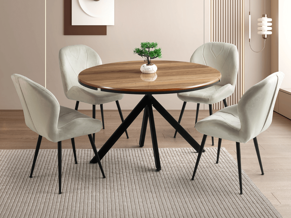 Açılabilir Yuvarlak Yemek Masa Sandalye Takımı Pegasus High Gloss Ceviz