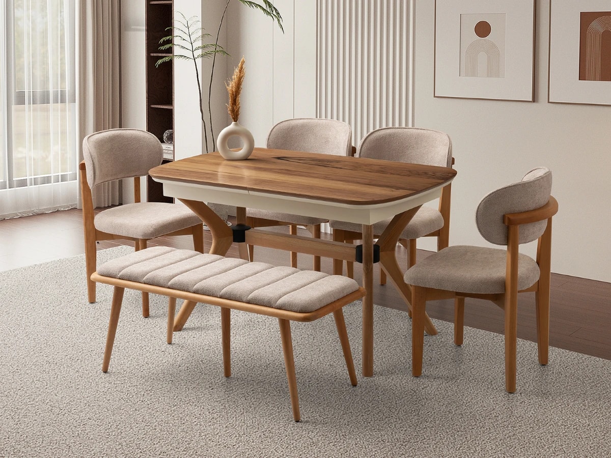 Açılabilir Ceviz Yemek Masası Sandalye Bench Takımı Çınar - Masa + 4 Adet Sandalye + Bench