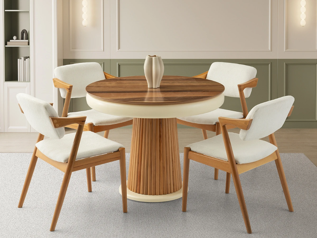 Açılır Yuvarlak Masa ve Sandalye Takımı Palermo Ceviz Beyaz