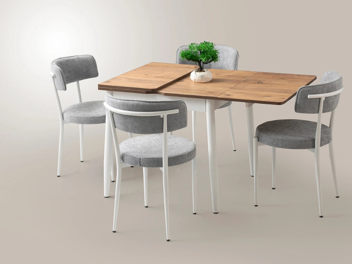 Yanlardan Açılır Katlanır Kare Ahşap Desenli Masa Sandalye Takımı