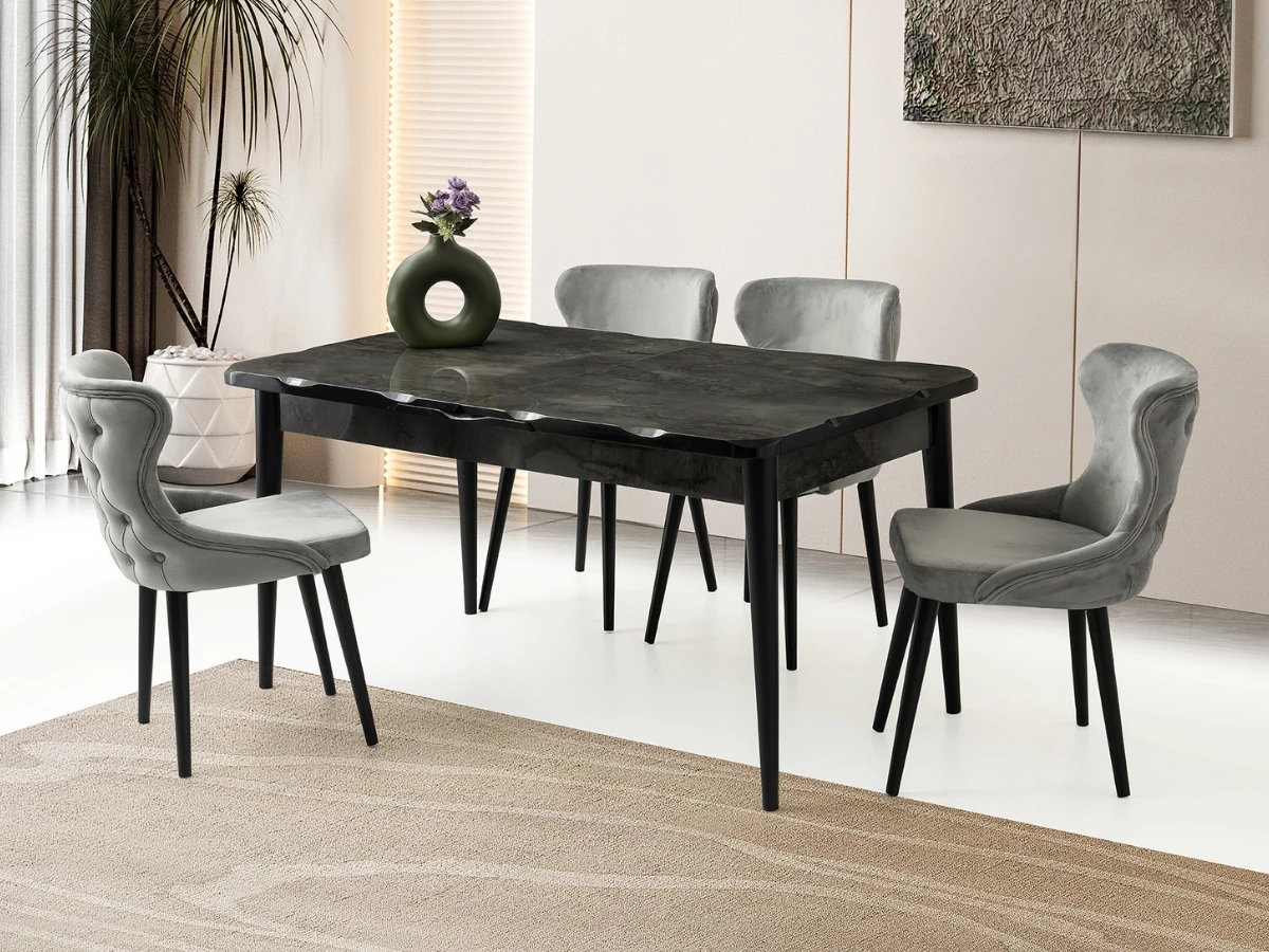 Açılır Kapanır Yemek Masası Takımı Kelebek High Gloss Siyah Mermer
