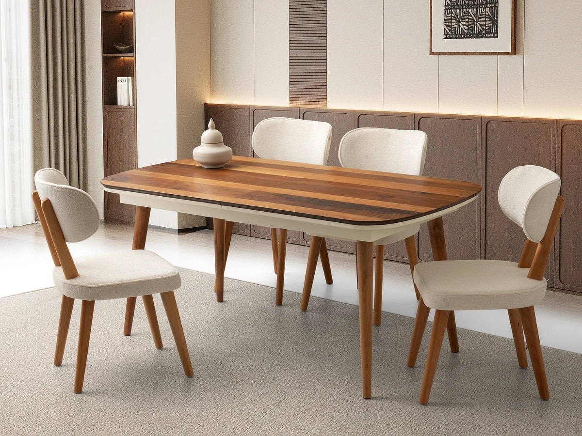 Açılabilir Ceviz Yemek Masa Takımı Çınar - Masa + 4 Adet Sandalye