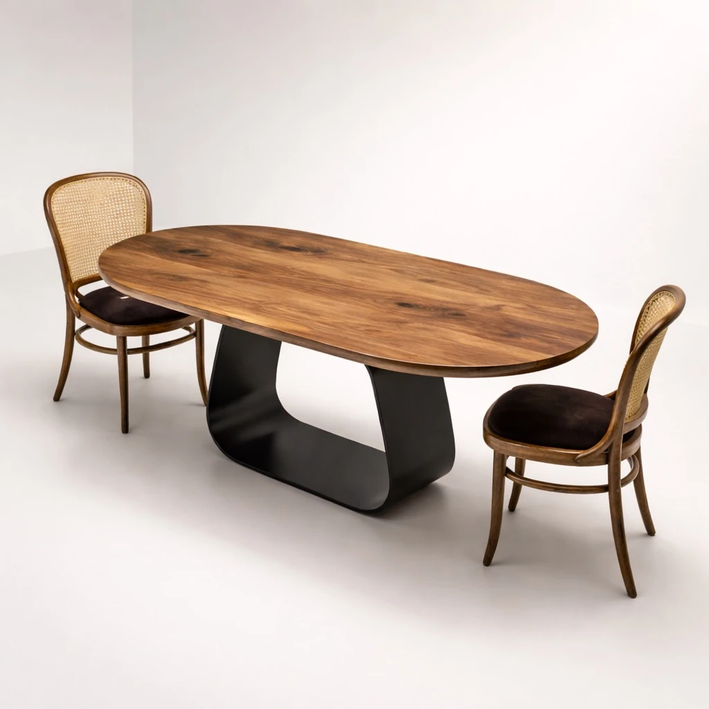 Oval Doğal Masif Ceviz Yemek Masası — Circle Side V-Cut