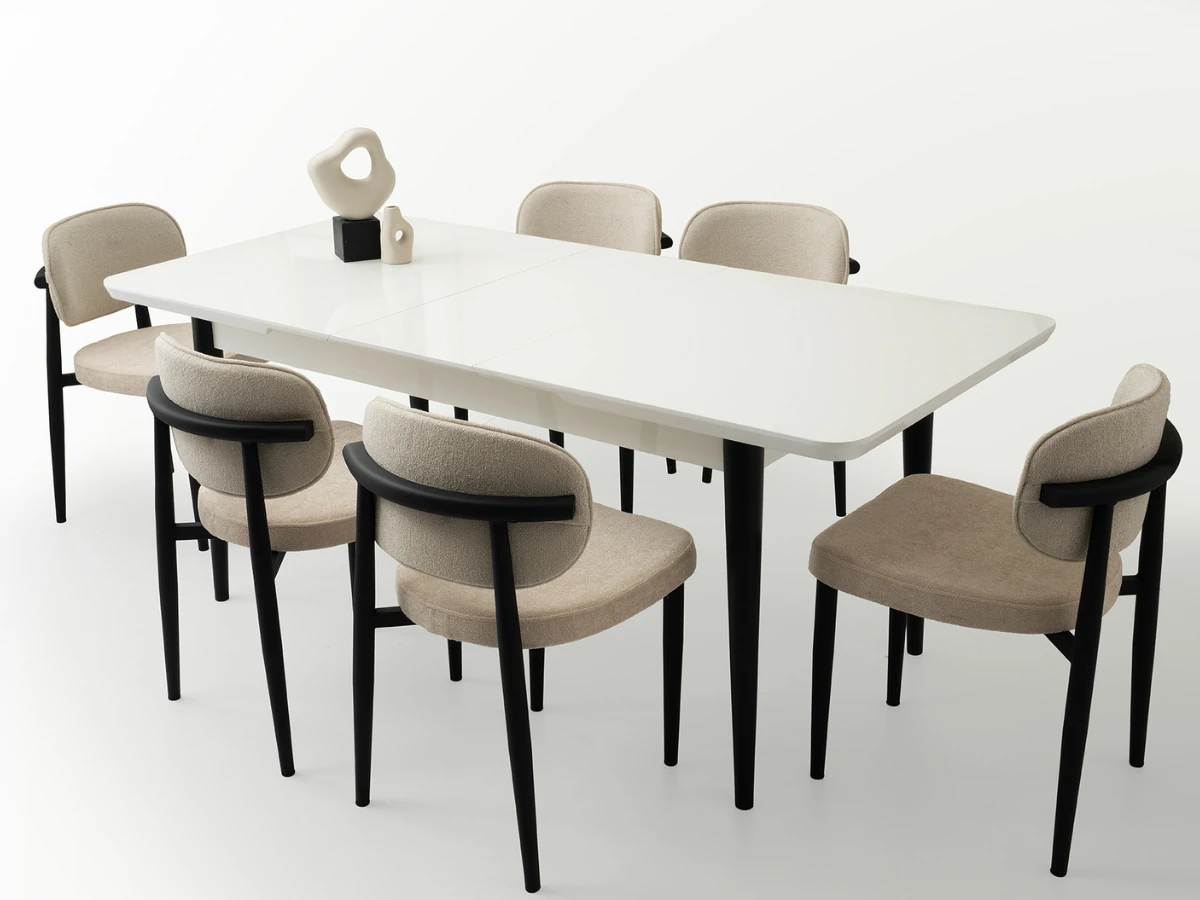 Açılır Beyaz Yemek Masası Takımı Kelebek Tekno 160cm - Masa + 6 Adet Sandalye