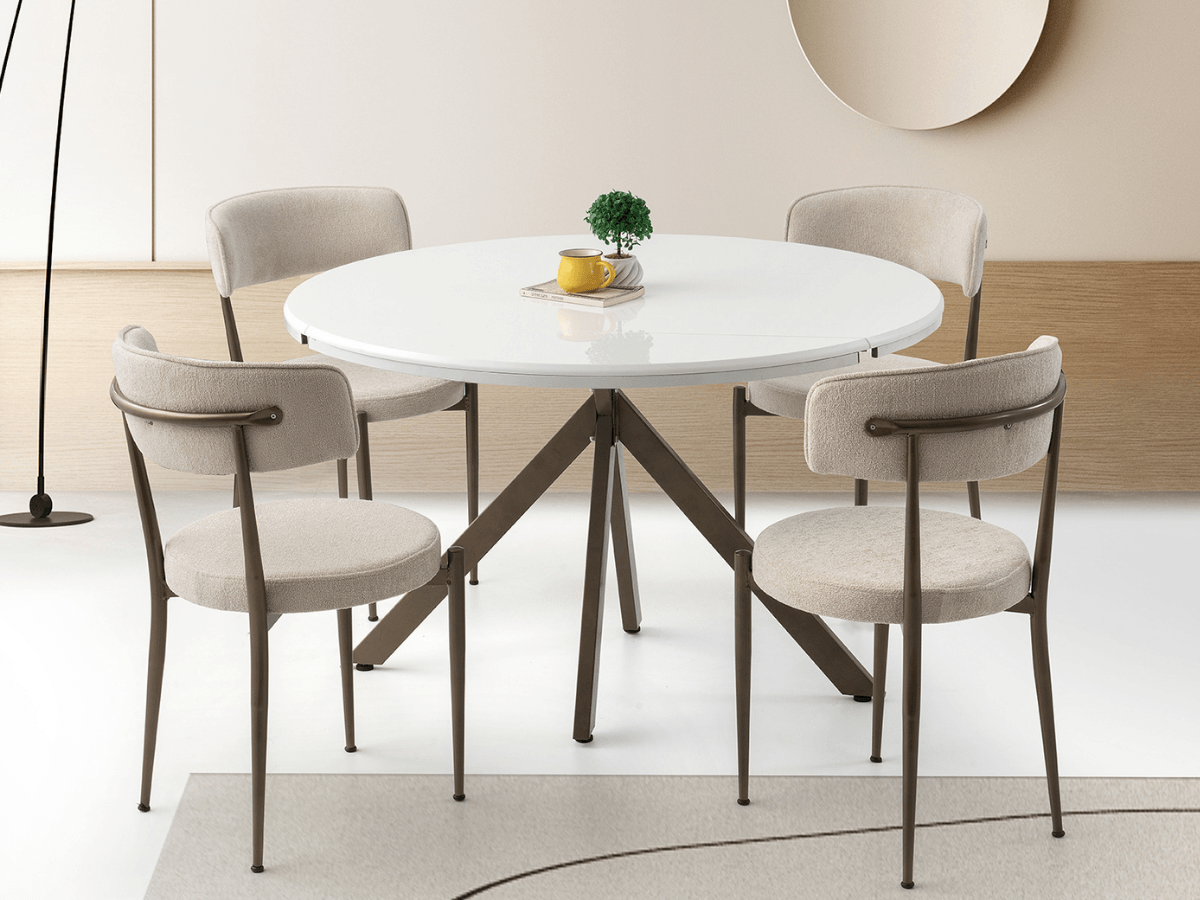 Açılabilir Yuvarlak Yemek Masa Sandalye Takımı Pegasus High Gloss Beyaz