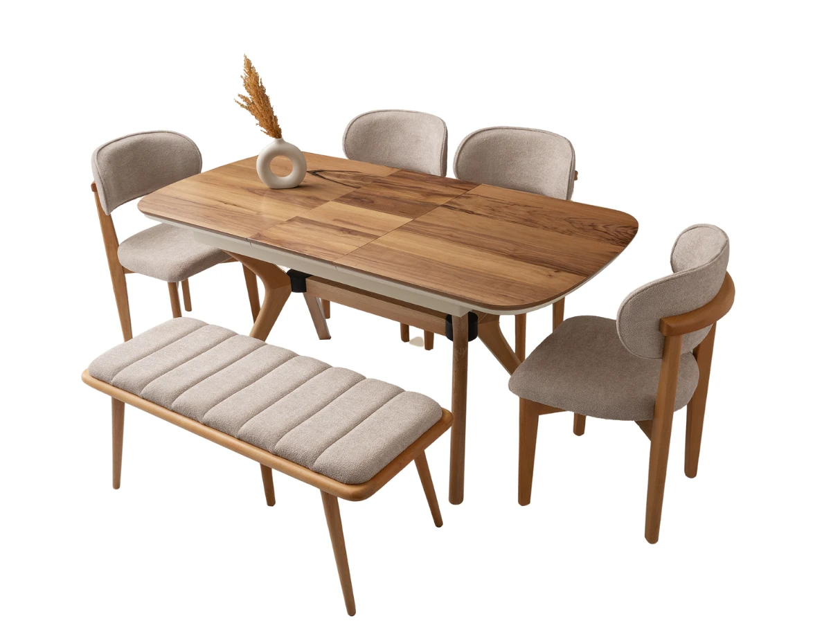 Açılabilir Ceviz Yemek Masası Sandalye Bench Takımı Çınar - Masa + 4 Adet Sandalye + Bench