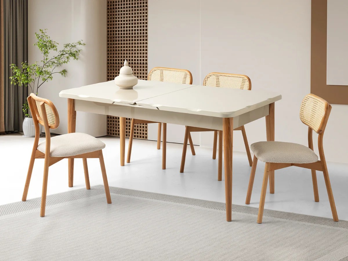 Modern Yemek Masa Takımı Paris Kelebek – Açılır Masa + 4 Adet Ahşap Rattan Sandalye 