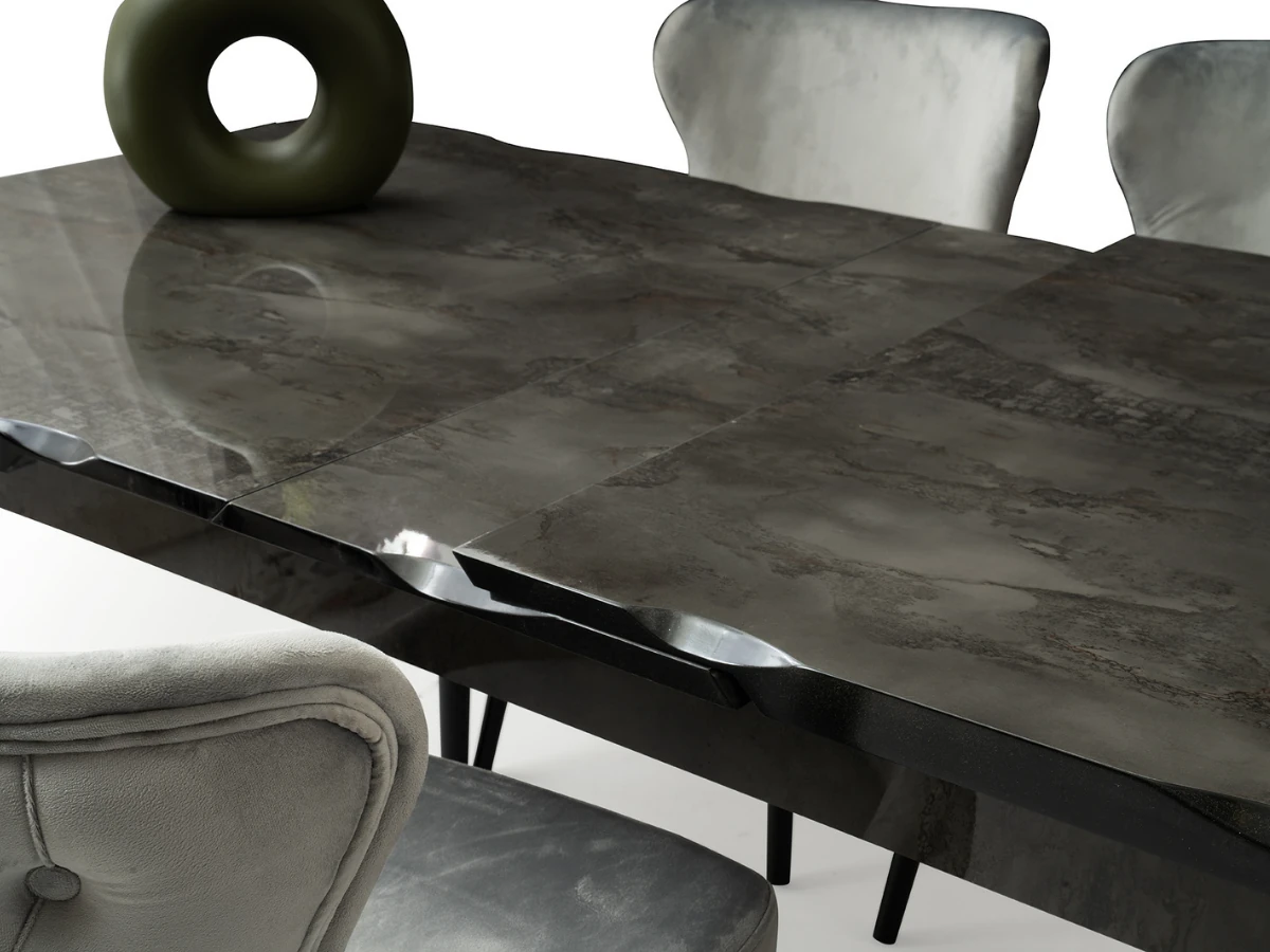 Açılır Kapanır Yemek Masası Takımı Kelebek High Gloss Siyah Mermer