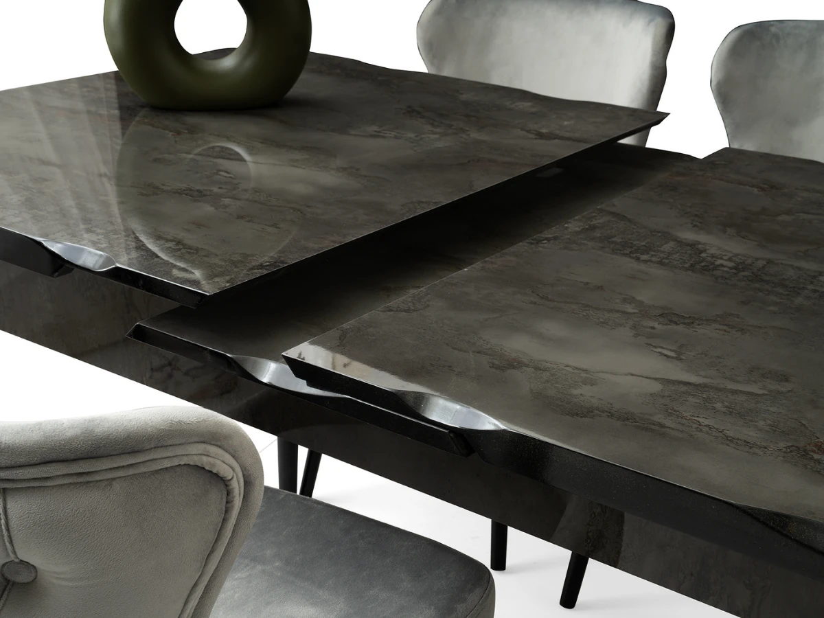 Açılır Kapanır Yemek Masası Takımı Kelebek High Gloss Siyah Mermer