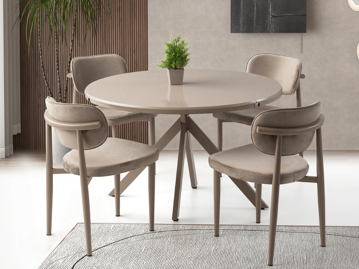 Açılabilir Yuvarlak Yemek Masa Sandalye Takımı Pegasus High Gloss Sütlü Kahve