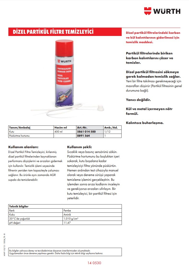 WÜRTH DİZEL PARTİKÜL TEMİZLEYİCİ 400ML