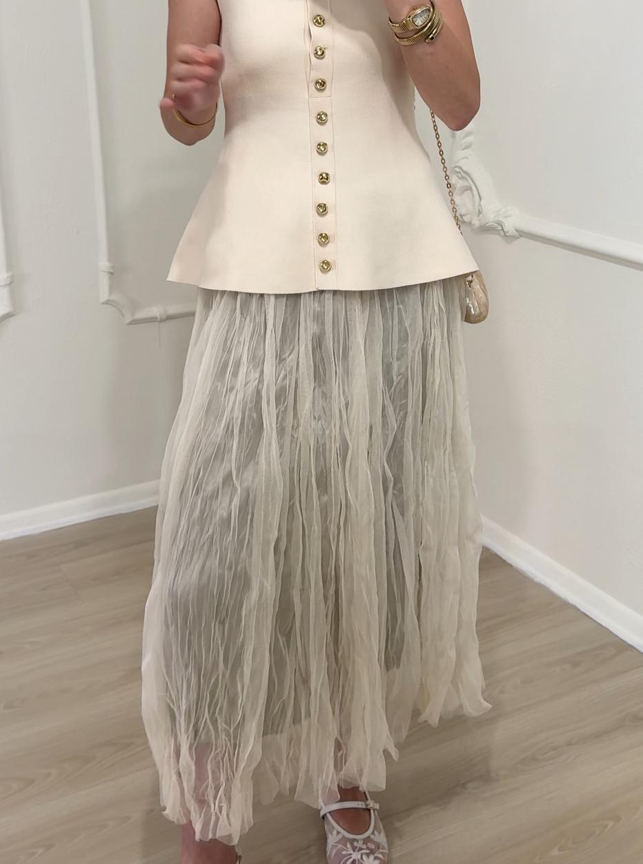 KIRIŞIK TÜL İÇ ASTARLI MAXİ ETEK EKRU