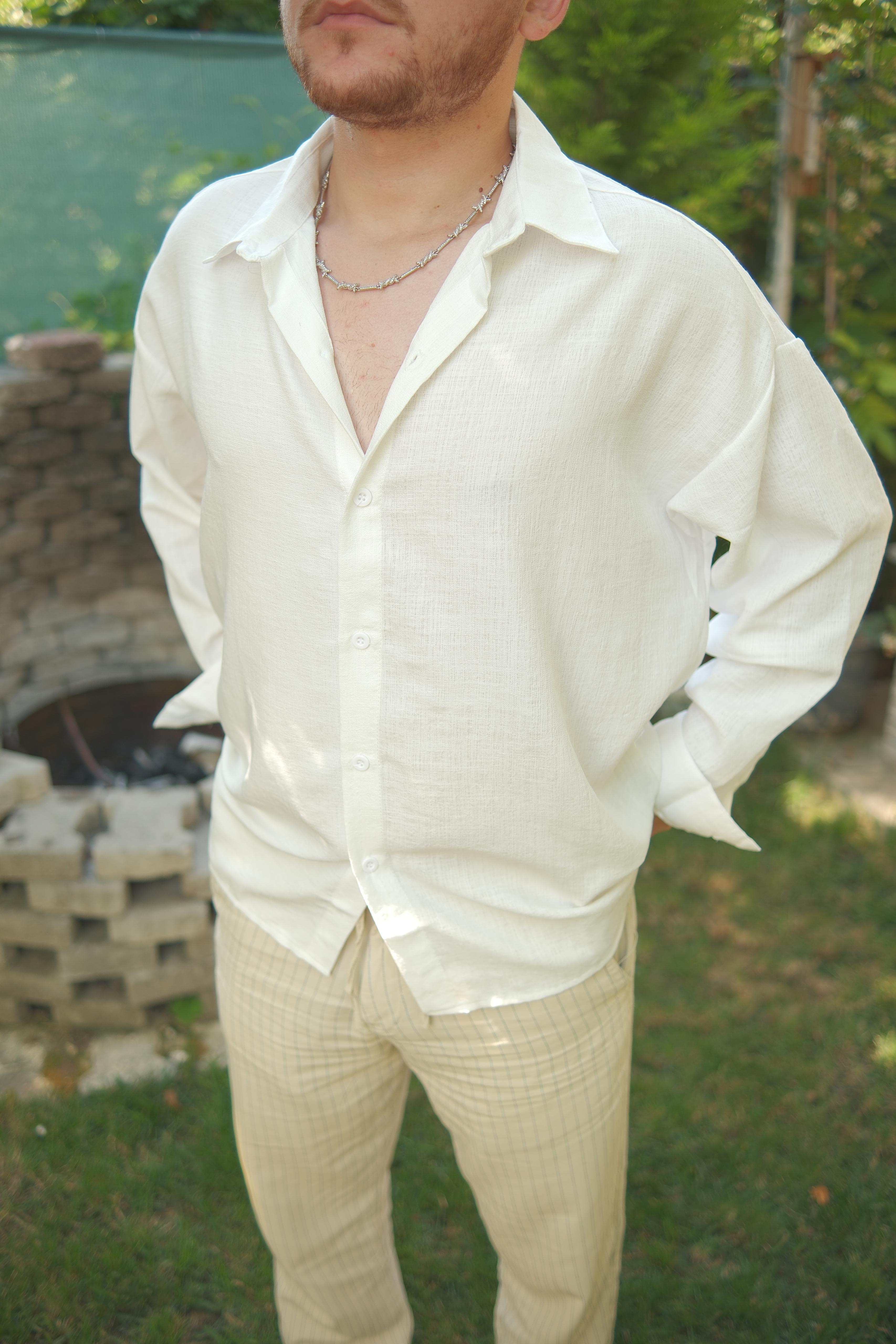 DOKULU BEYAZ KETEN GÖMLEK