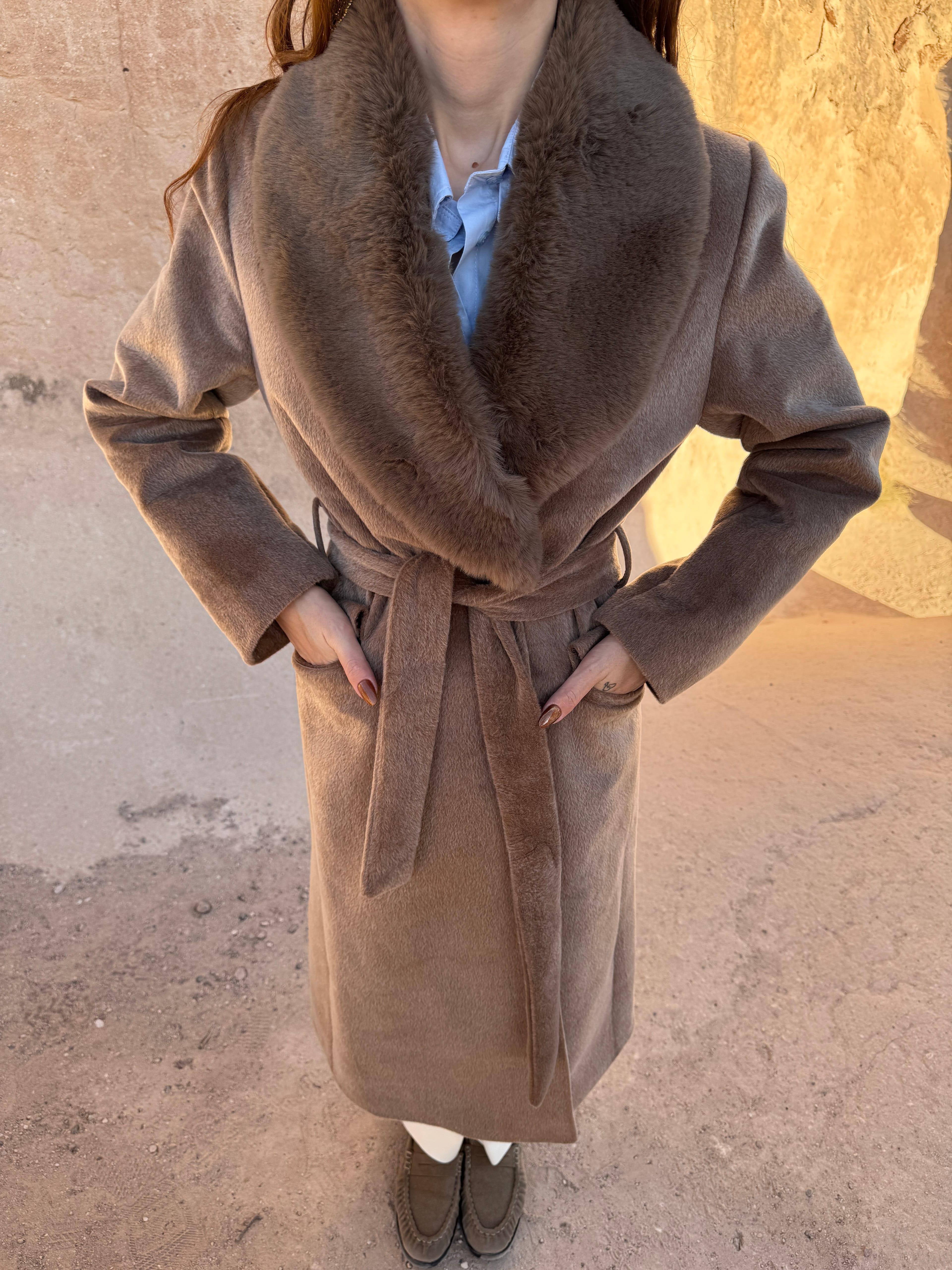 FOX KÜRK YAKA PREMİUM KABAN - VİZON 