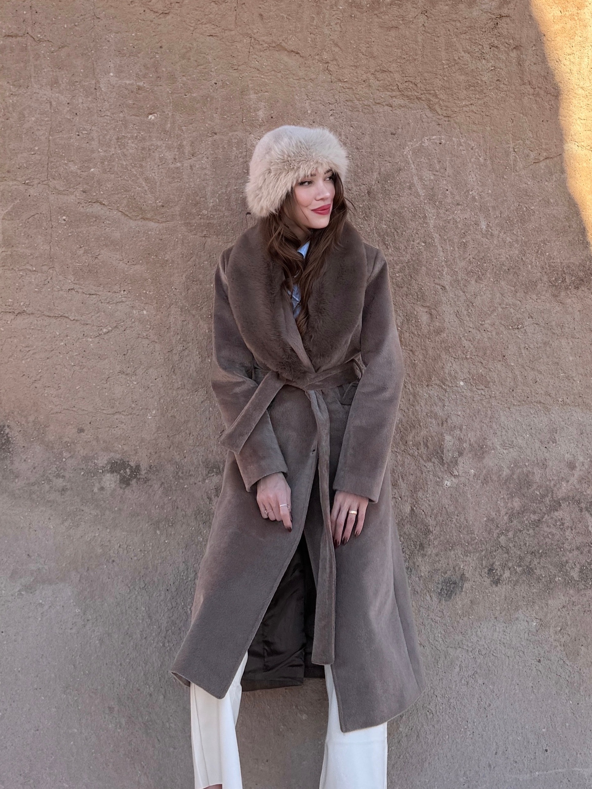 FOX KÜRK YAKA PREMİUM KABAN - VİZON 