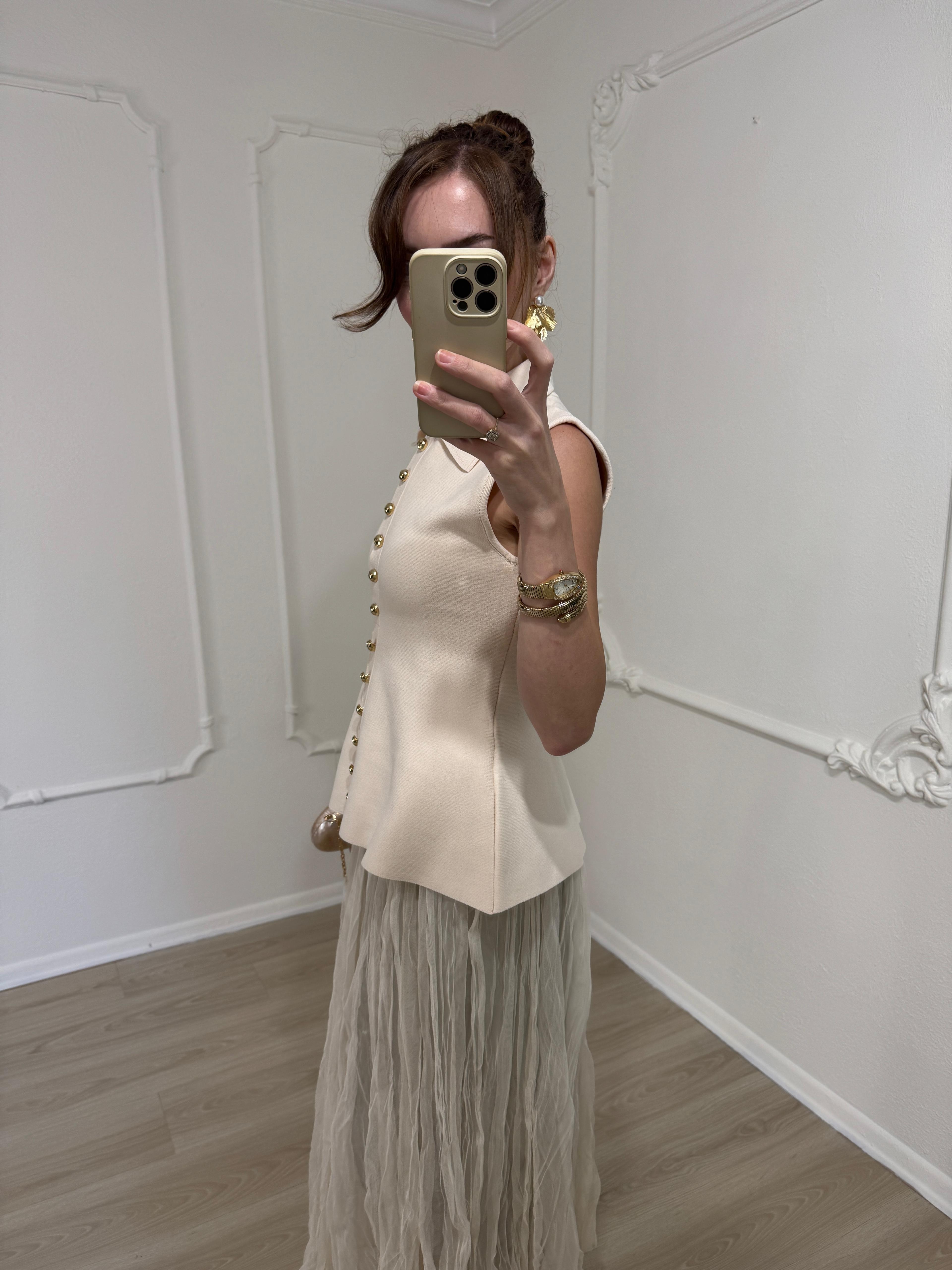 KIRIŞIK TÜL İÇ ASTARLI MAXİ ETEK EKRU