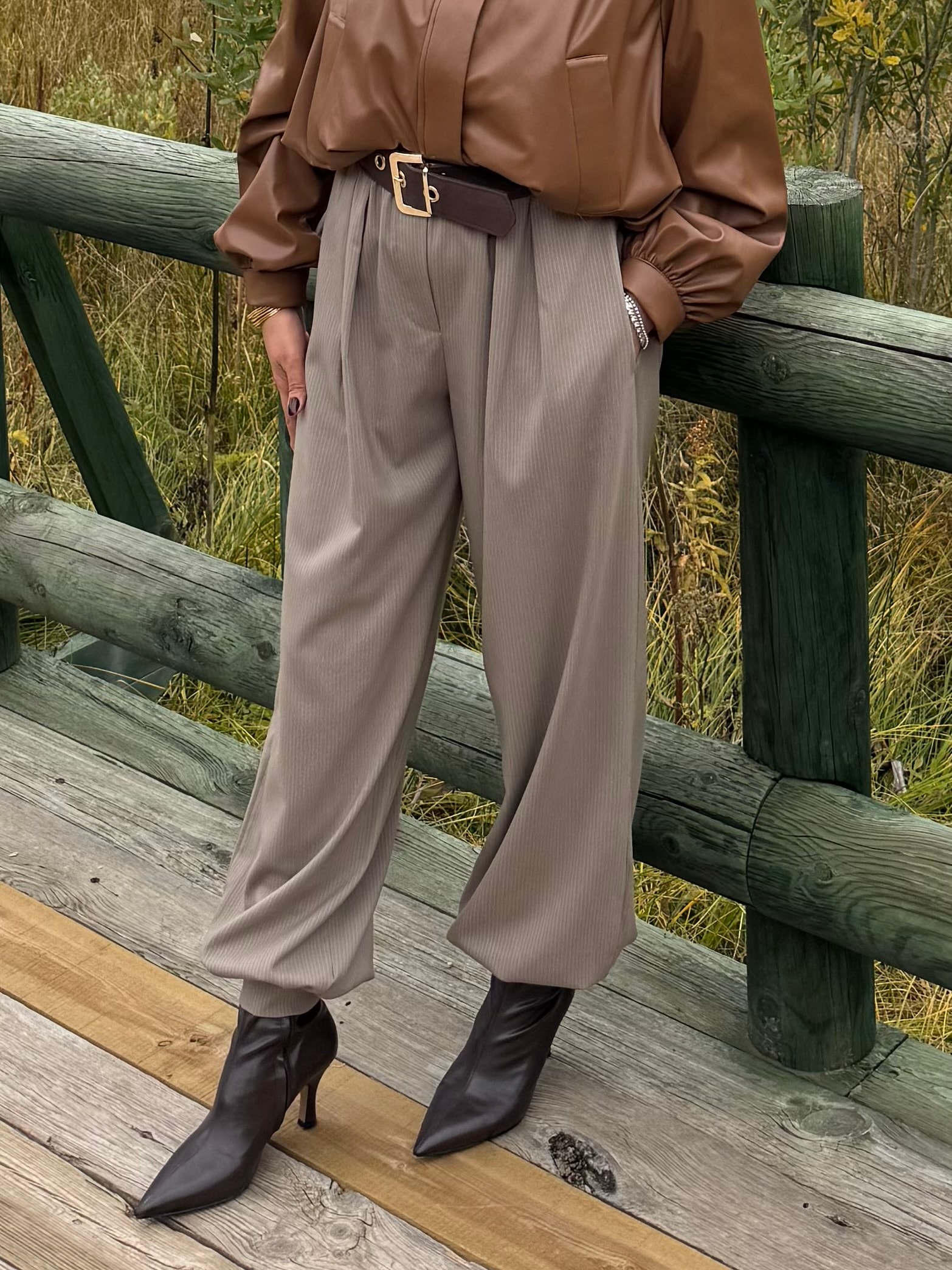 PAÇA DÜĞME DETAYLI KUMAS SALVAR PANTOLON  - VİZON