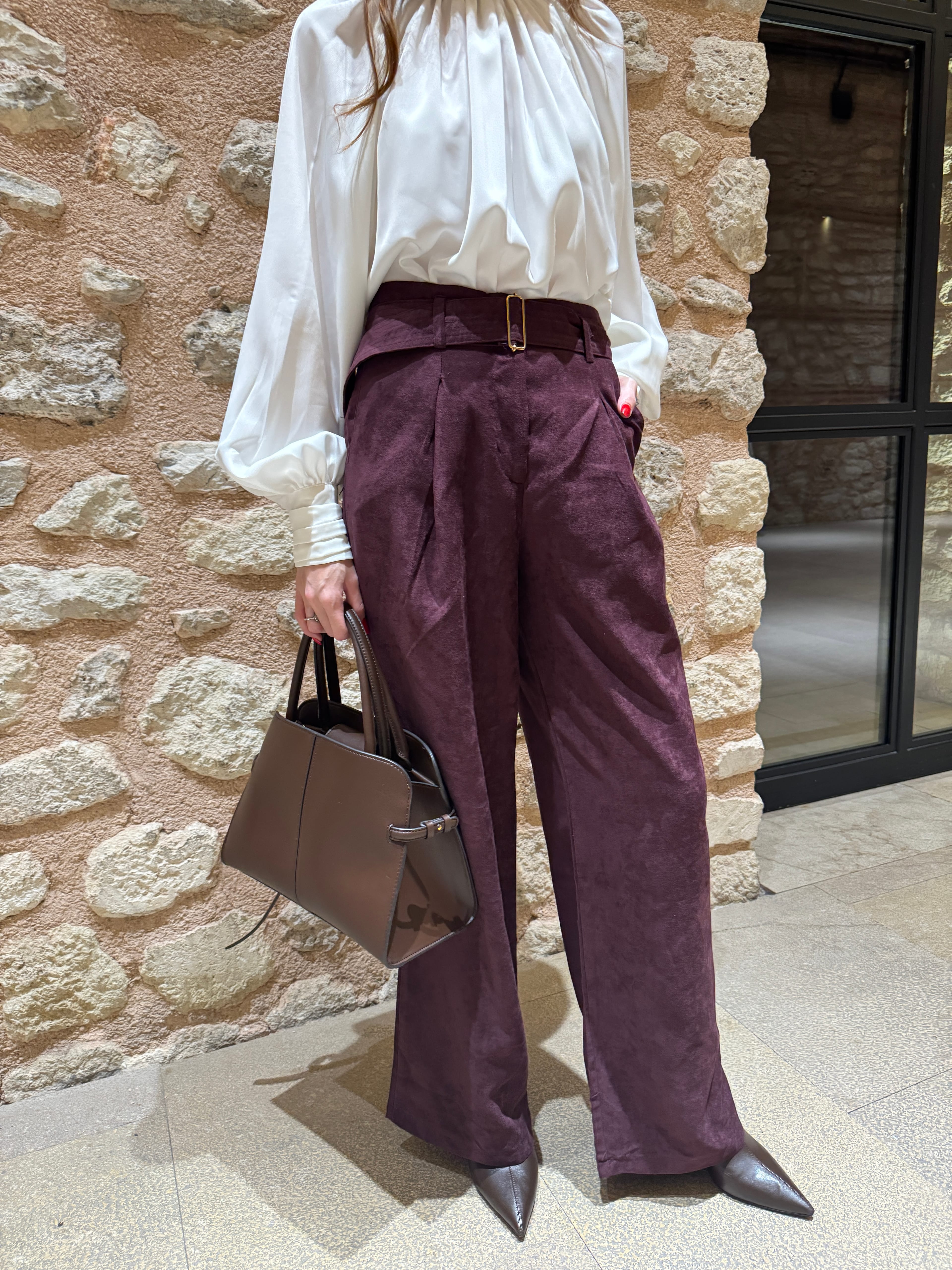 SÜET DOKUDA PİLELİ PALAZZO PANTOLON MURDUM