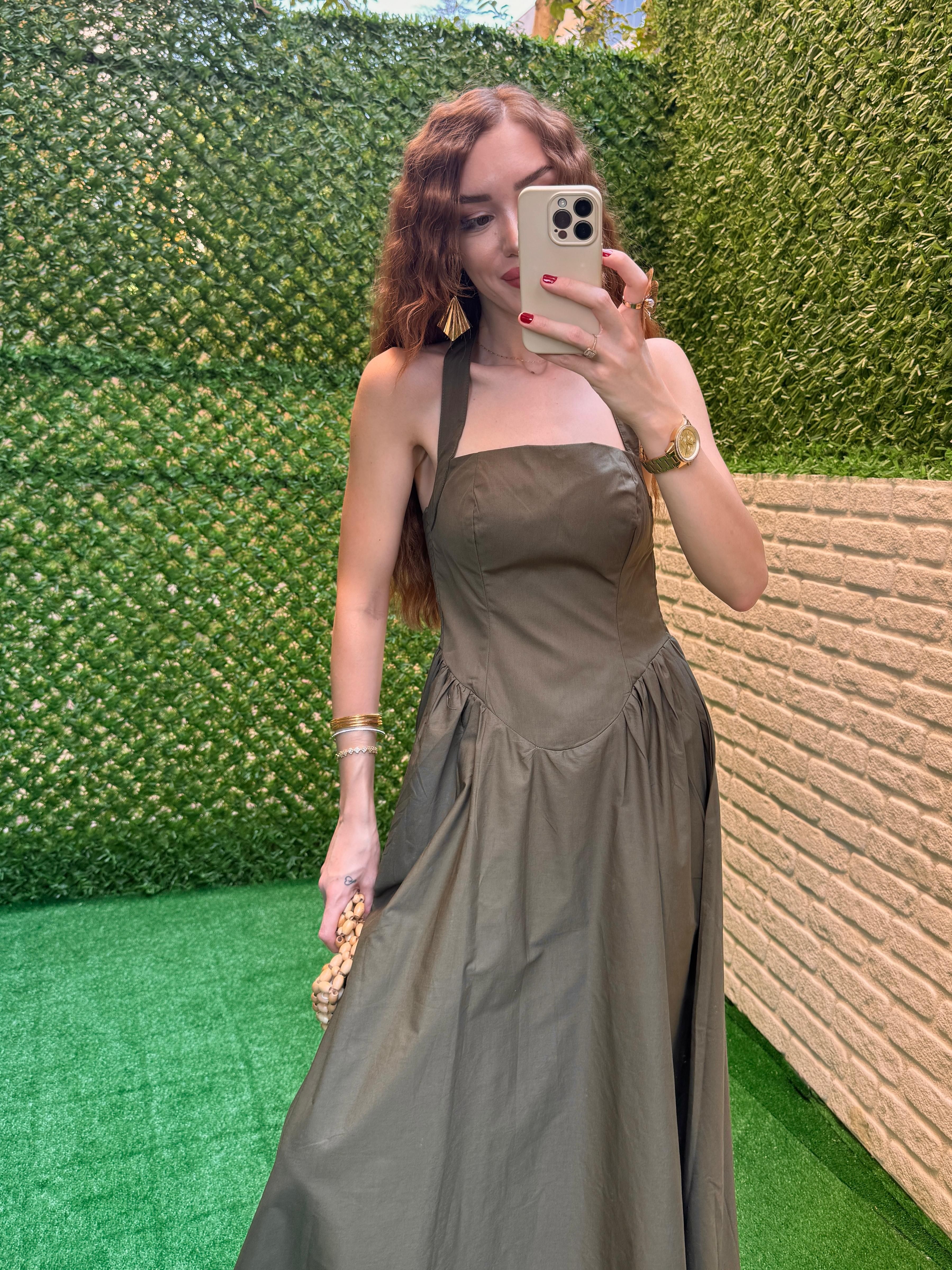 HAKİ  PRENSES MODEL  POPLİN ELBİSE