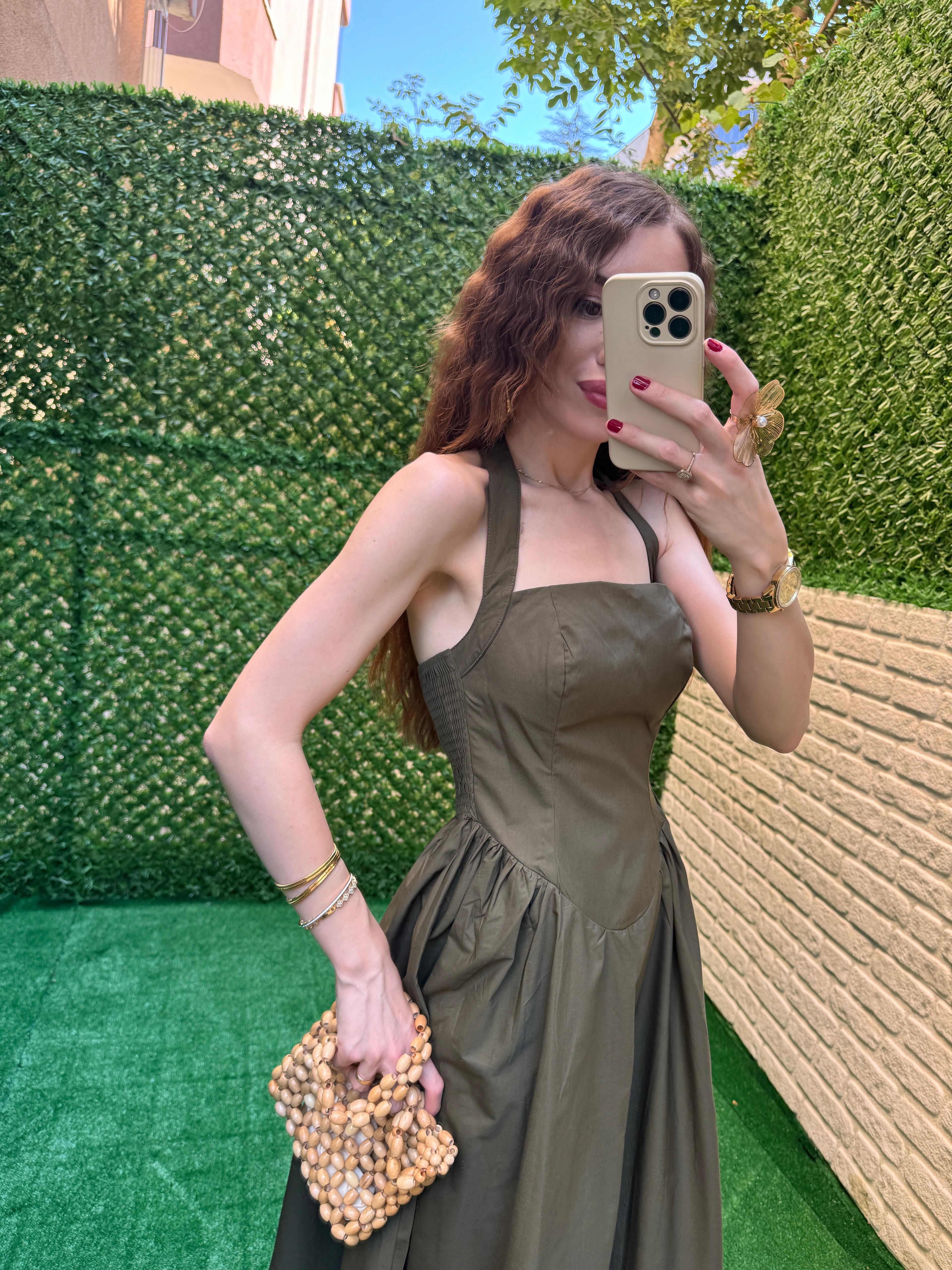 HAKİ  PRENSES MODEL  POPLİN ELBİSE
