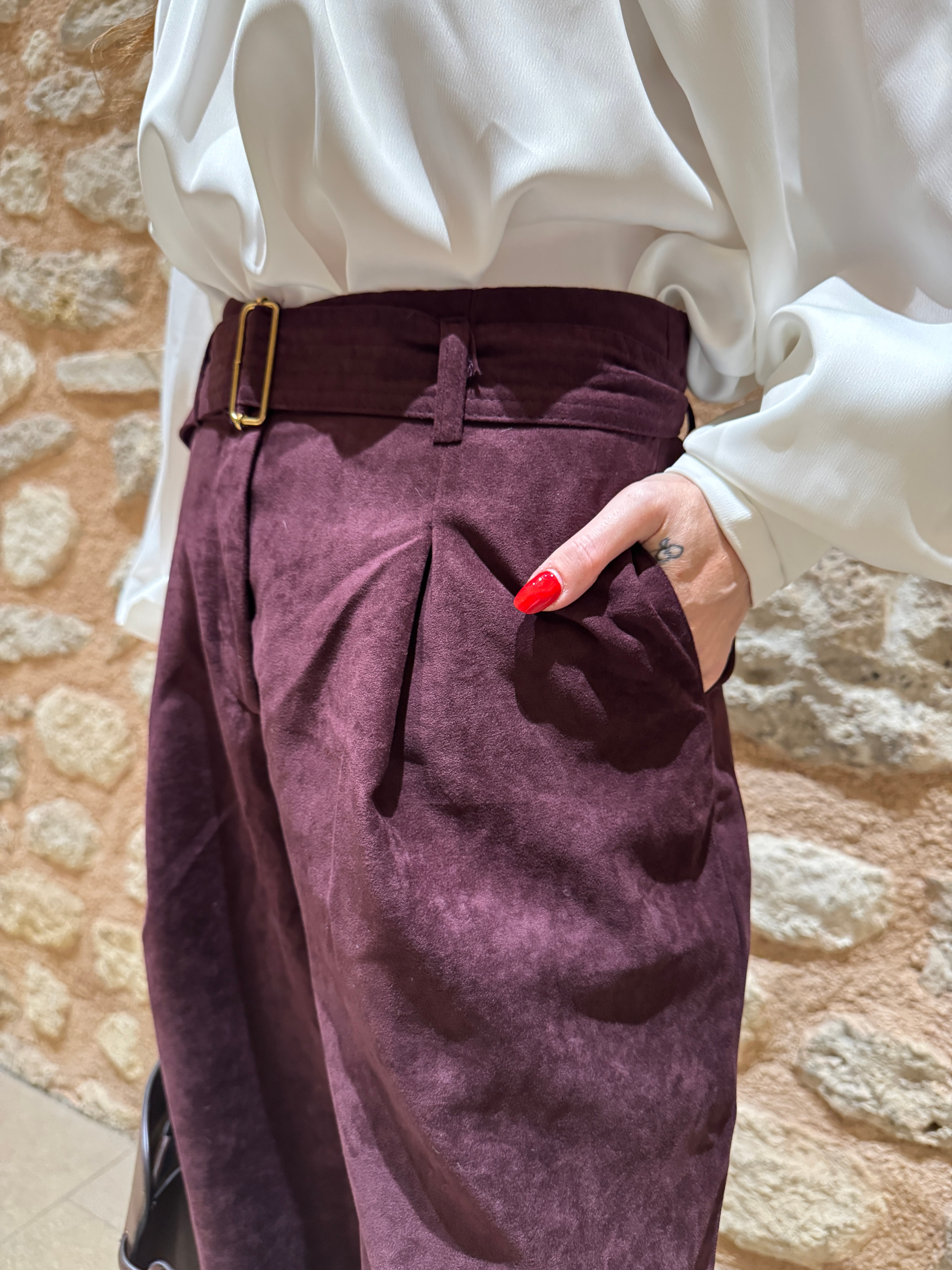 SÜET DOKUDA PİLELİ PALAZZO PANTOLON MURDUM