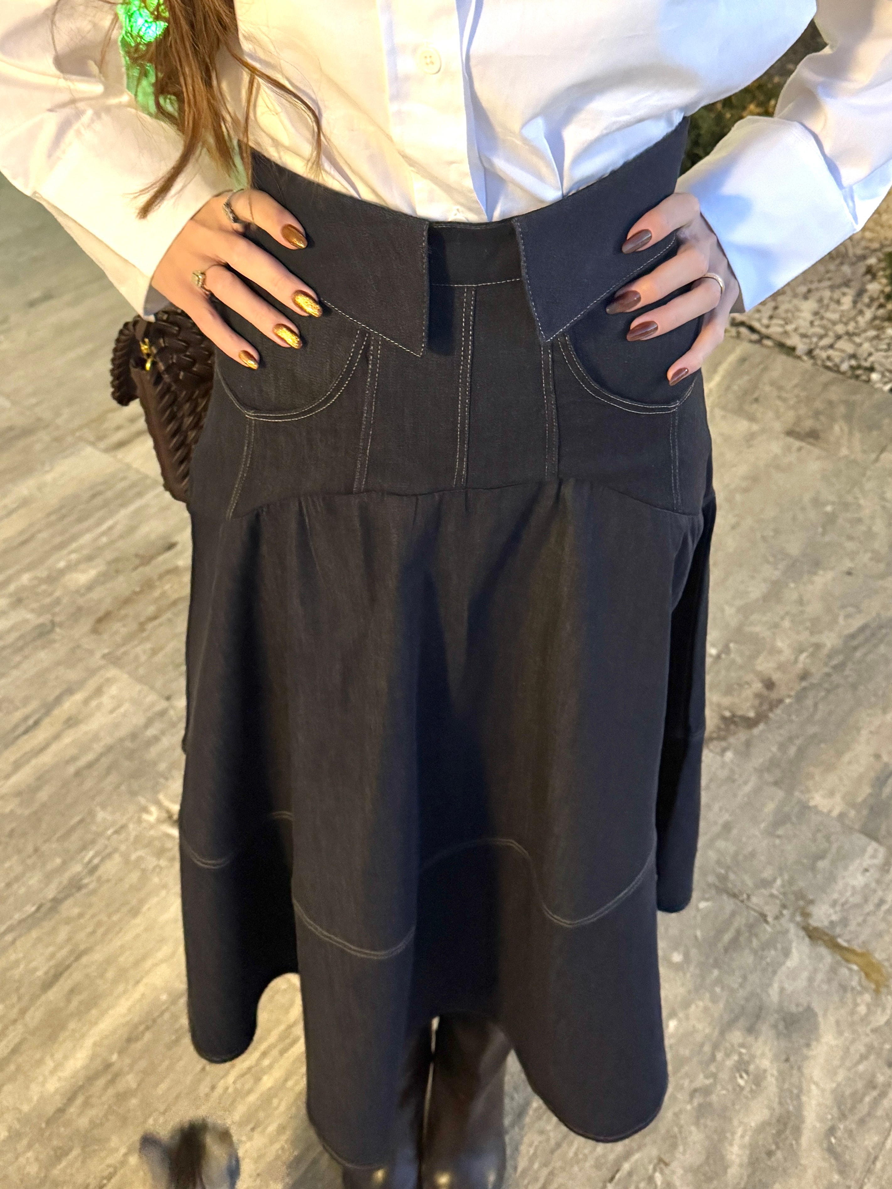  NOVA BEL KATLAMA  DETAYLI DENİM ETEK 