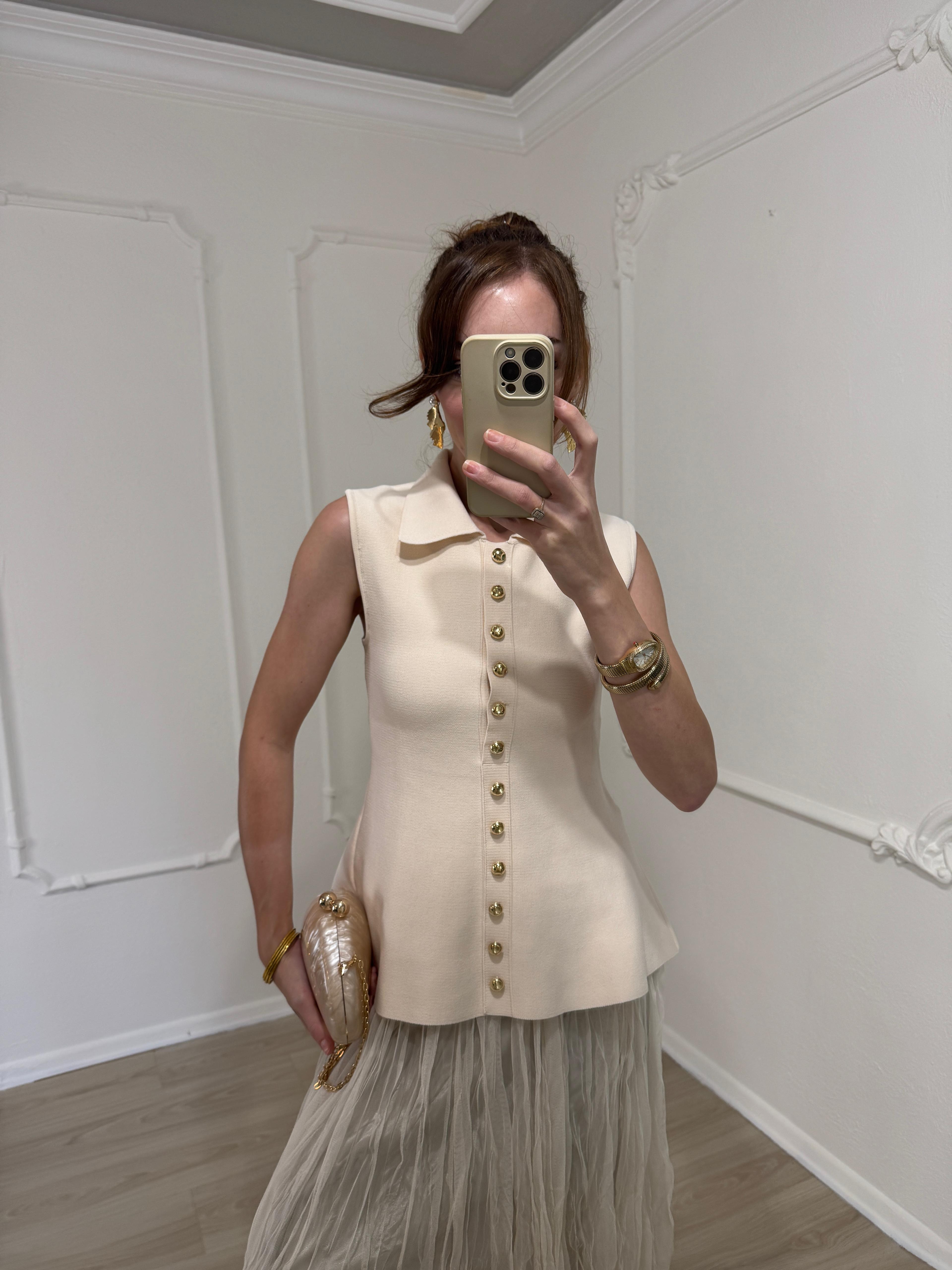 ÇELİK ÖRME GOLD DÜĞME DETAYLI TRİKO STANDART BEDEN  - EKRU