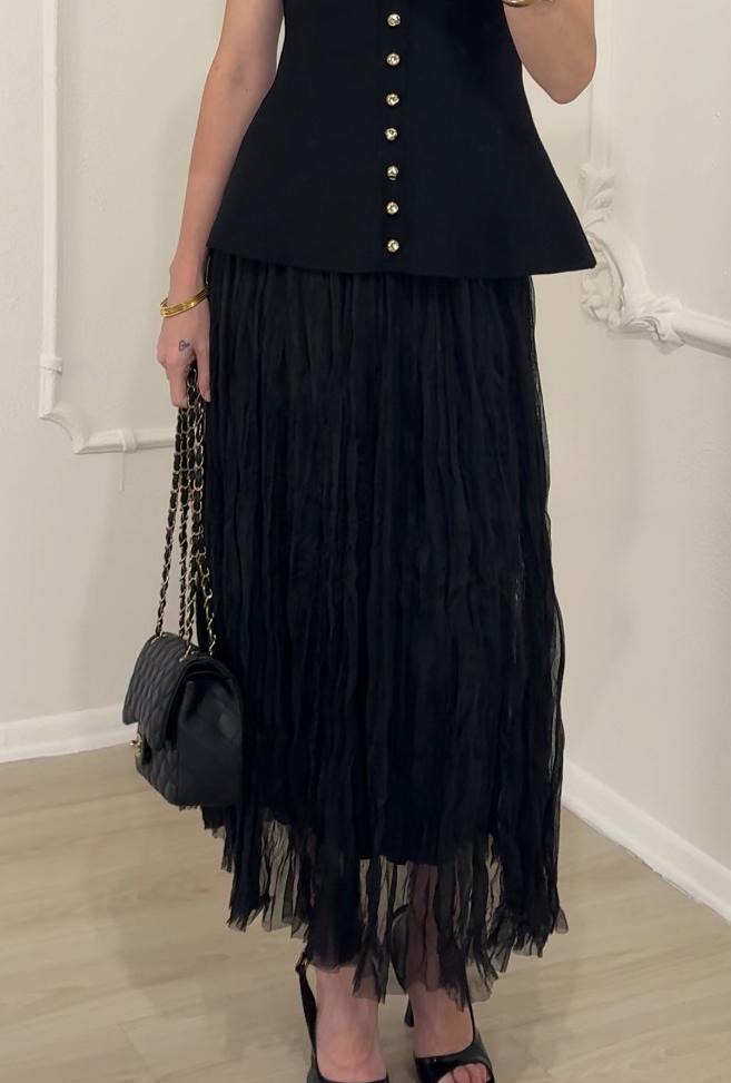 KIRIŞIK TÜL İÇ ASTARLI MAXİ ETEK SİYAH 
