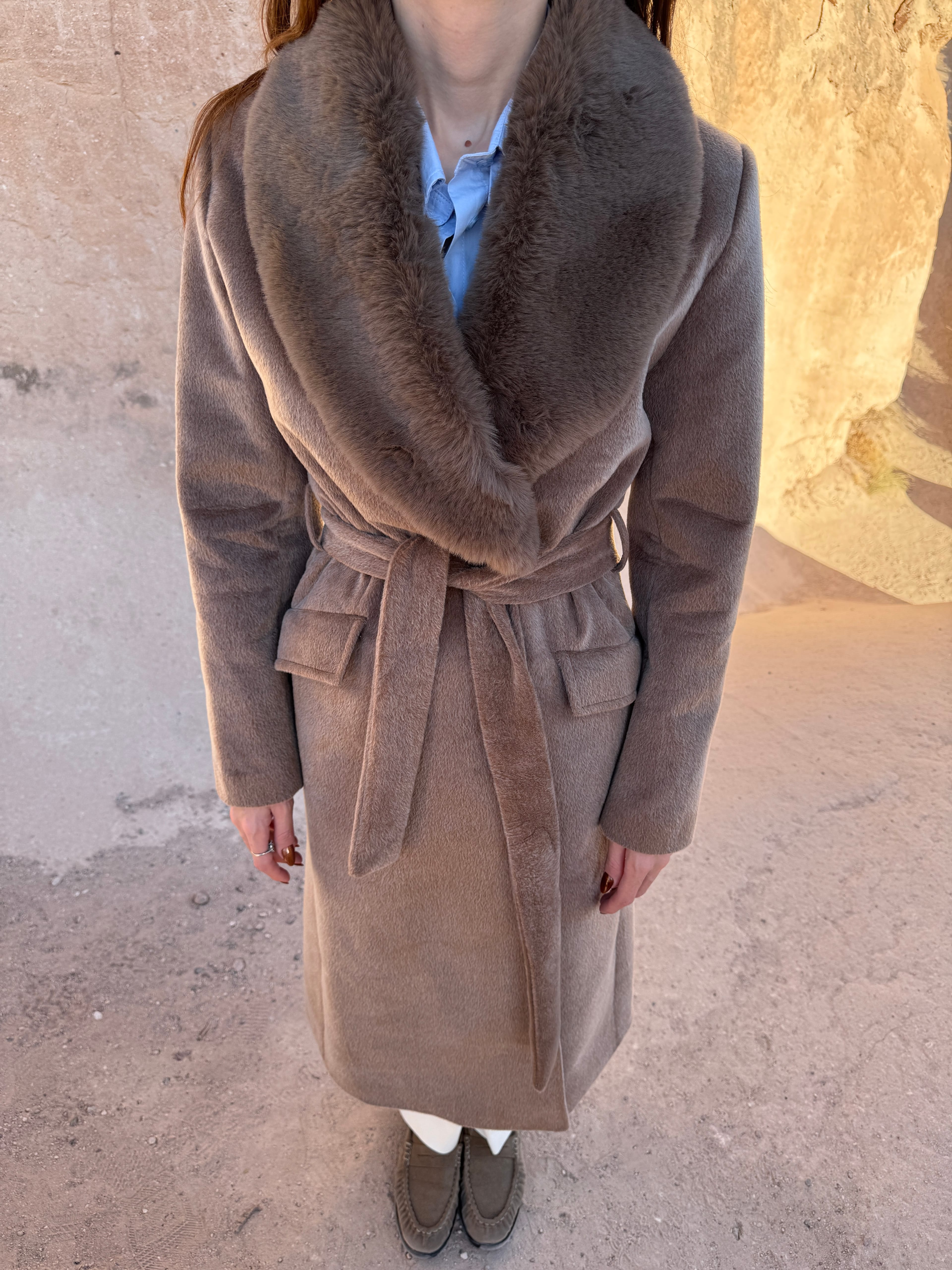 FOX KÜRK YAKA PREMİUM KABAN - VİZON 