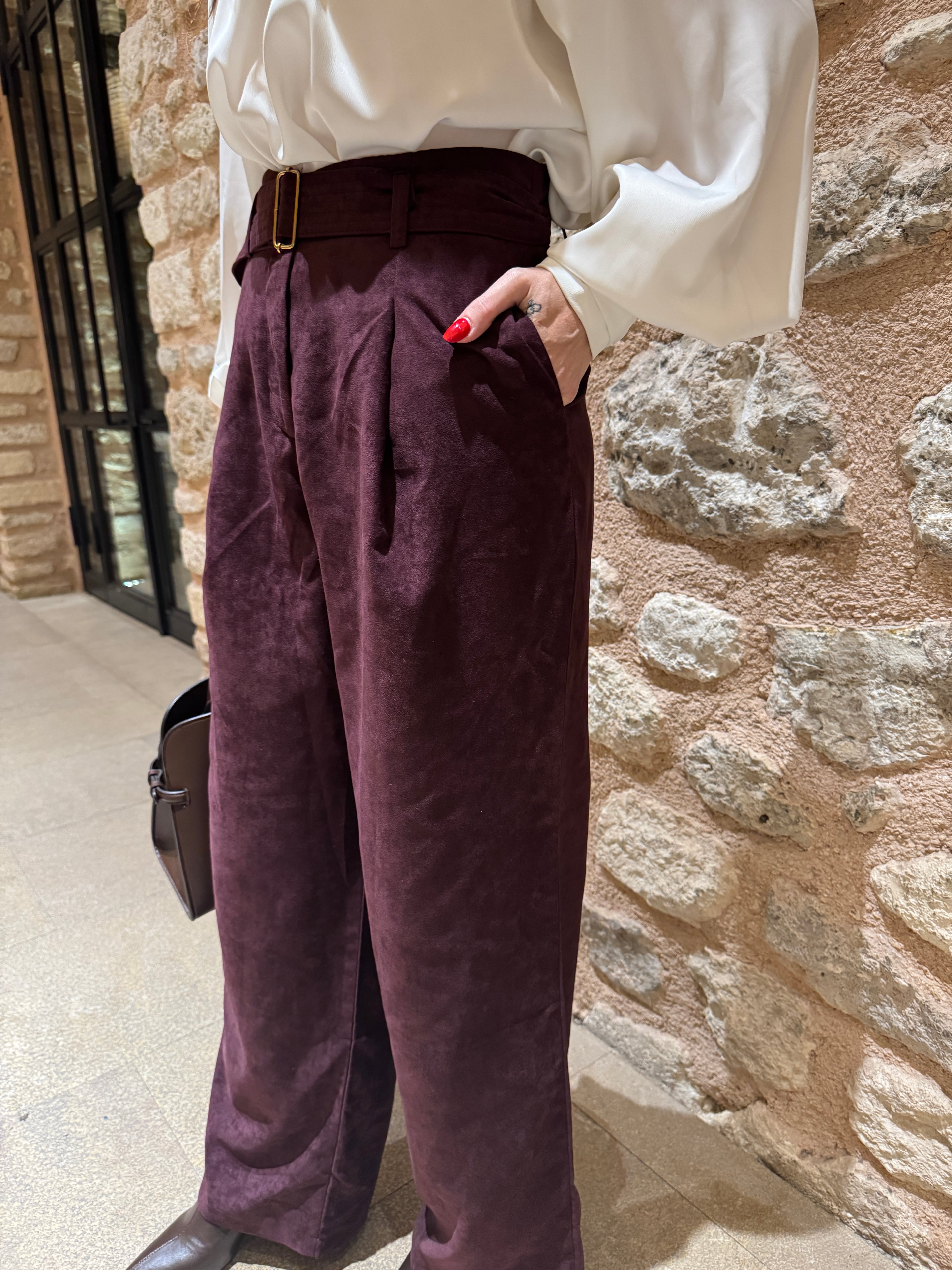 SÜET DOKUDA PİLELİ PALAZZO PANTOLON MURDUM