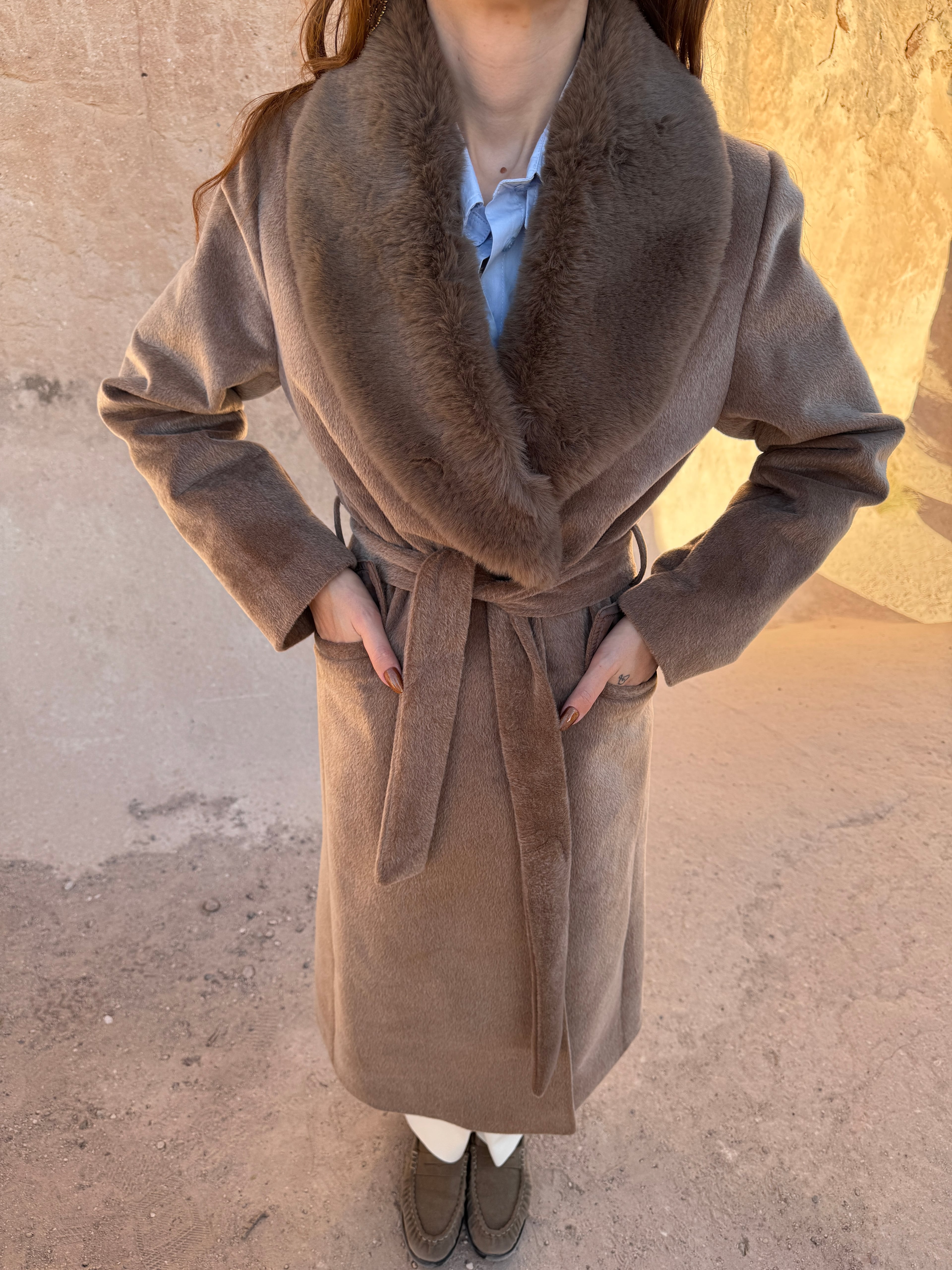 FOX KÜRK YAKA PREMİUM KABAN - VİZON 