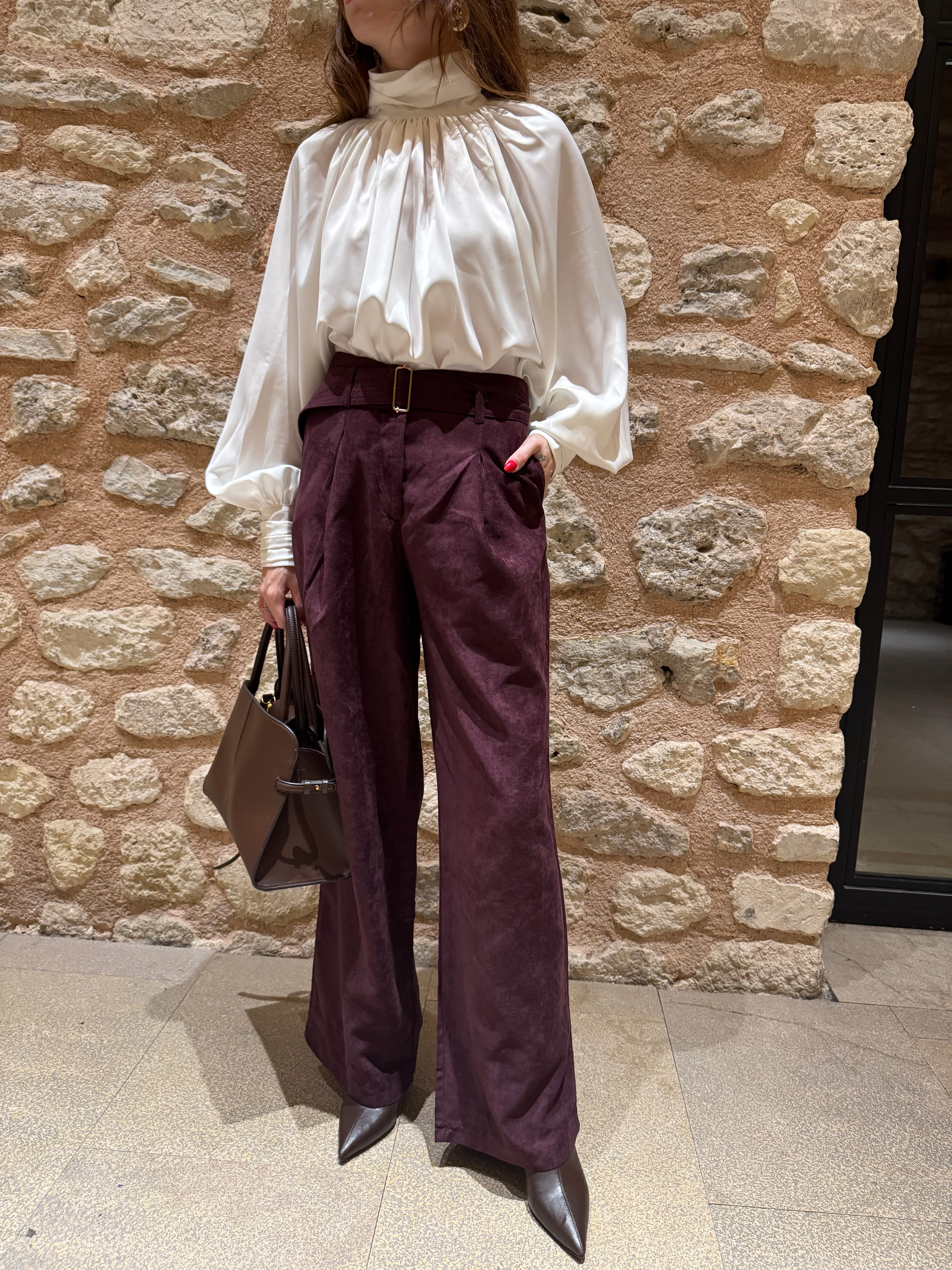 SÜET DOKUDA PİLELİ PALAZZO PANTOLON MURDUM