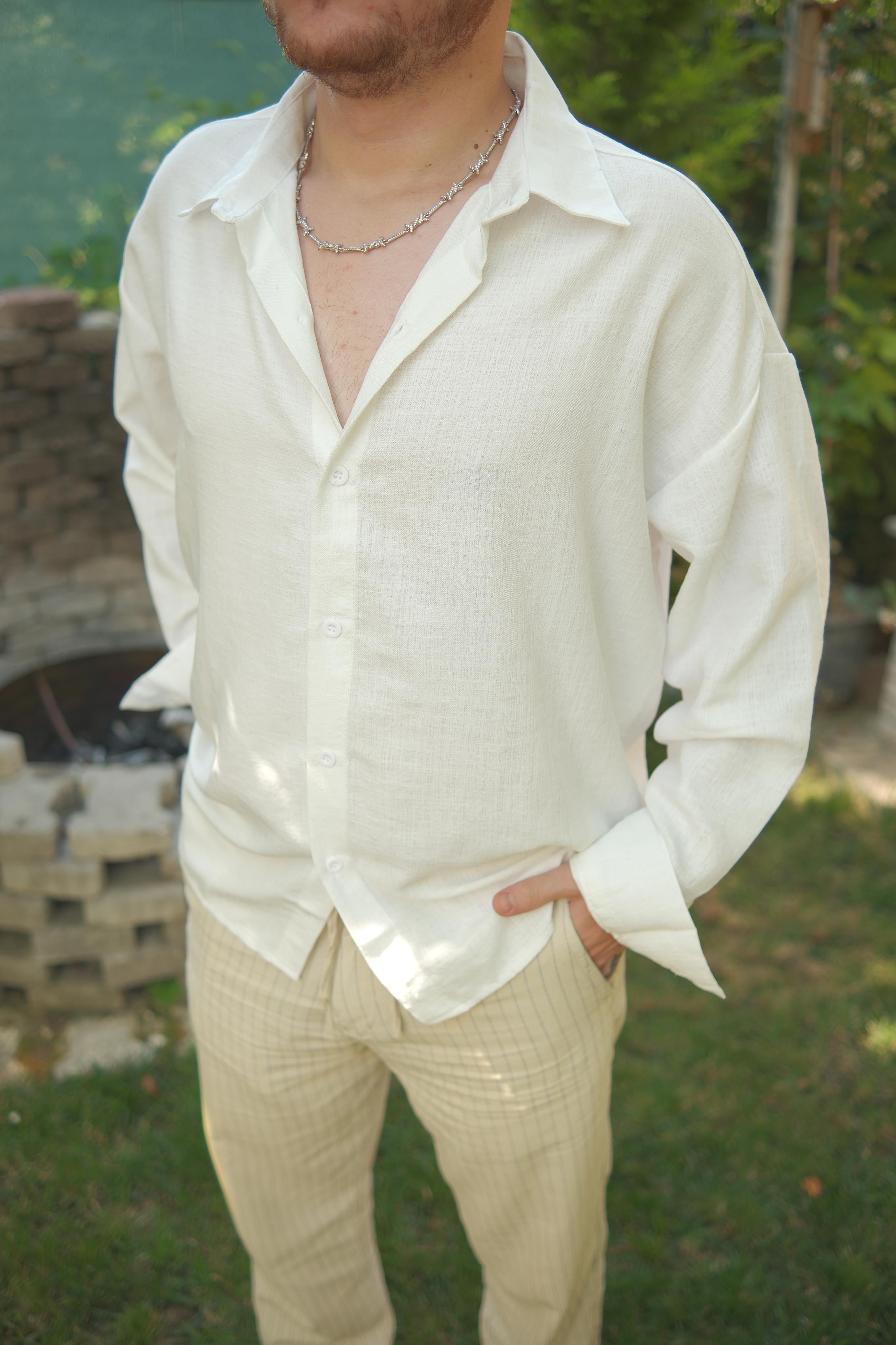 DOKULU BEYAZ KETEN GÖMLEK