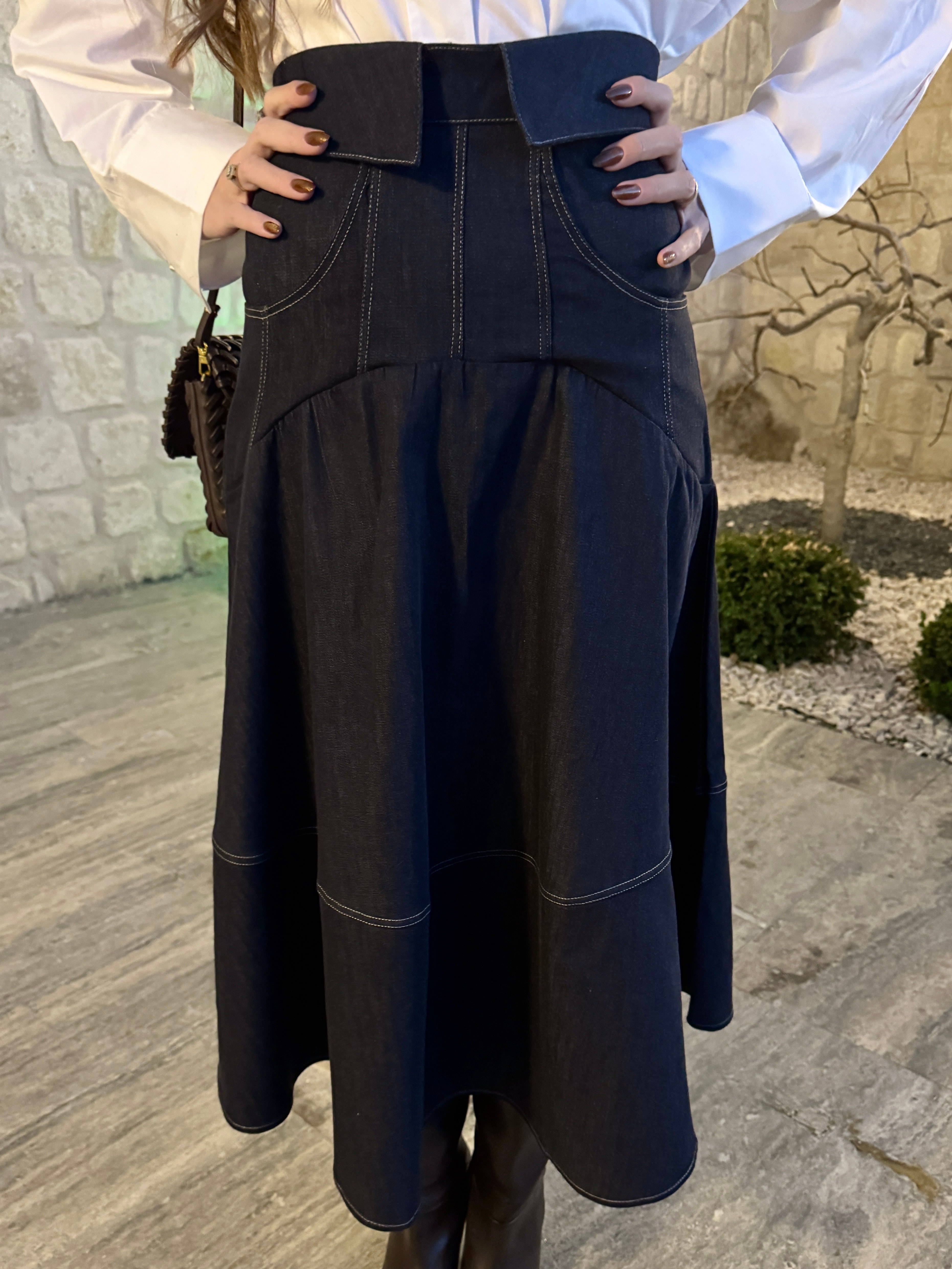  NOVA BEL KATLAMA  DETAYLI DENİM ETEK 