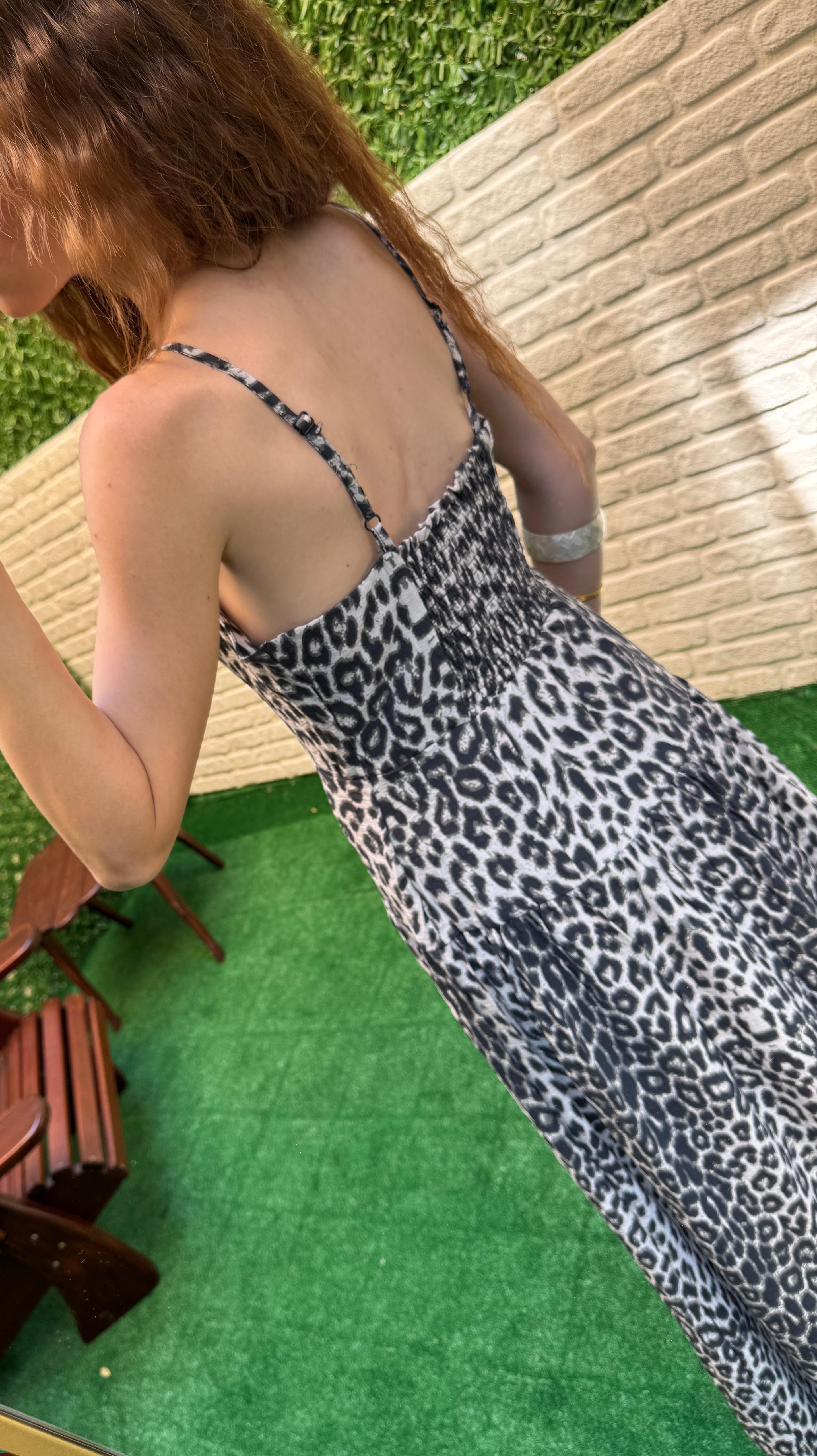 LEOPAR DESEN GRİ ASKILI FİYONK DETAY ELBİSE
